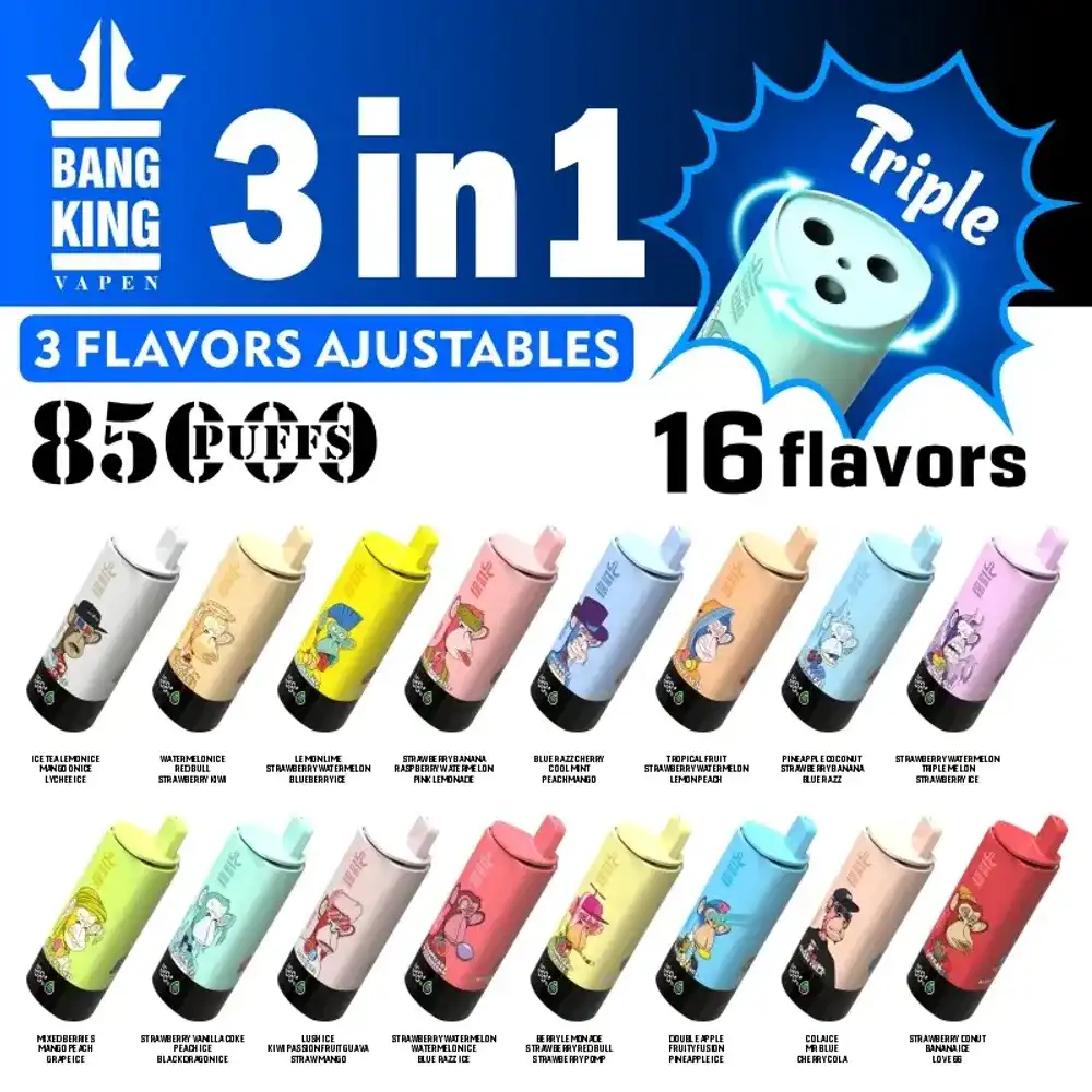 Bang King 85K (85000) Puffs 3 In 1 Triple Flavor Newest Original 600MAh Rechargeable LCD Display 2% 3% 5% Nicotine Disposable Vape 19 Bang King 85K (85000) Puffs 3 In 1 Triple Flavor Newest Original 600MAh Rechargeable LCD Display 2% 3% 5% Nicotine Disposable Vape