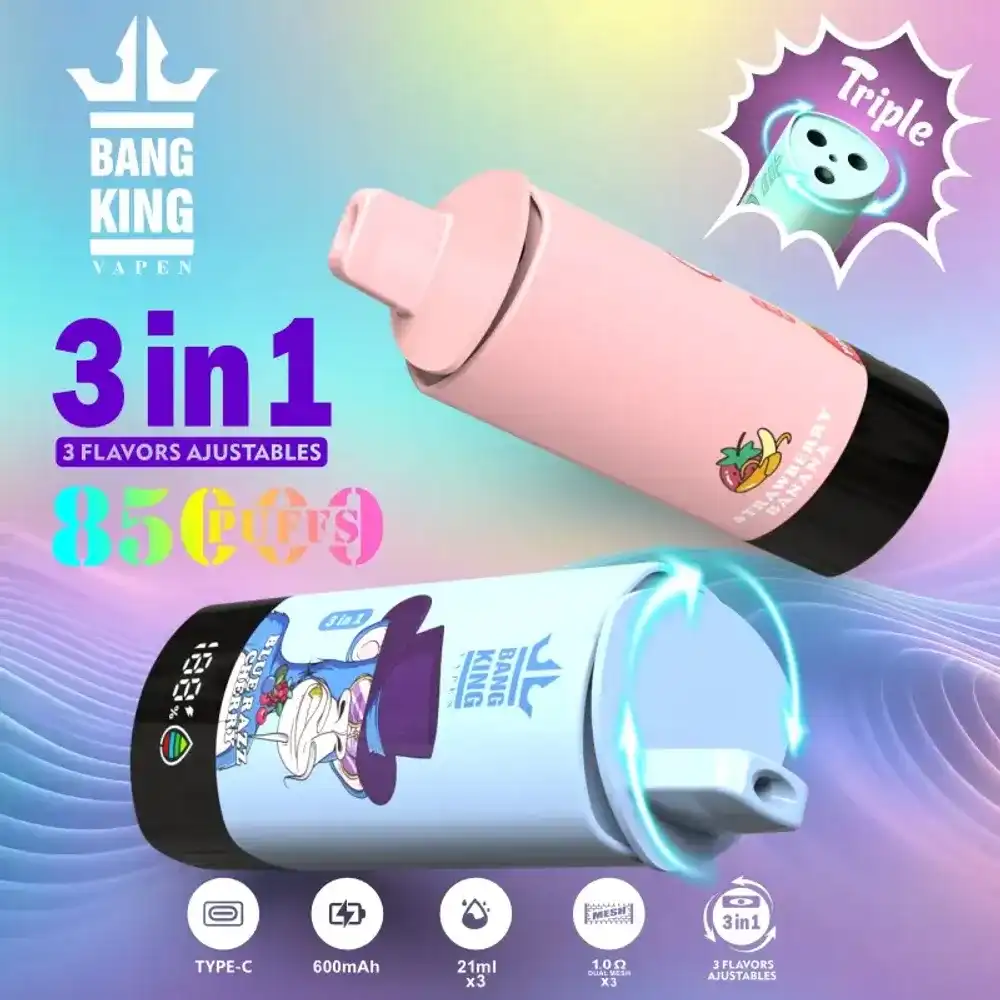 Bang King 85K (85000) Puffs 3 In 1 Triple Flavor Newest Original 600MAh Rechargeable LCD Display 2% 3% 5% Nicotine Disposable Vape 18 Bang King 85K (85000) Puffs 3 In 1 Triple Flavor Newest Original 600MAh Rechargeable LCD Display 2% 3% 5% Nicotine Disposable Vape
