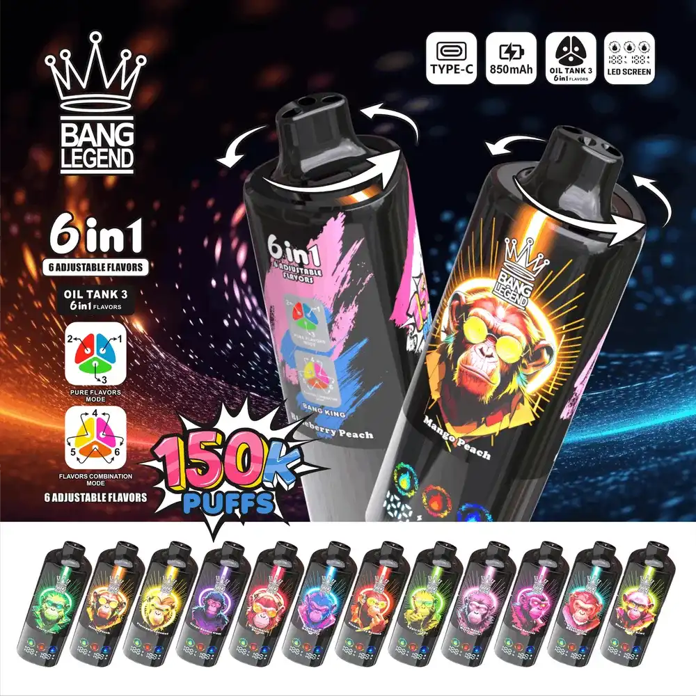Bang Legend 150K 150000 Puffs 6 in 1 Flavors Newest Original 850MAh Rechargeable Battery 2% 3% 5% Nicotine LED Smart Screen Disposable Vape 13 Bang Legend 150000 150K Puffs 6 in 1 Flavors Newest Original Rechargeable LED Display Disposable Vape