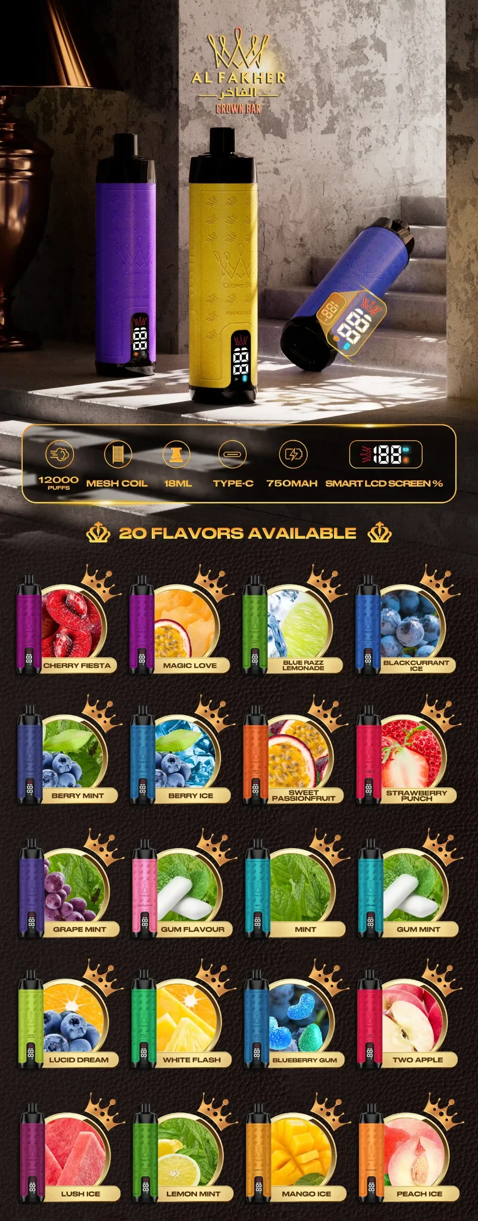 Al Fakher Crown Bar 12K (12000) Puffs 22ML E-liquid Direct-To-Lung (DTL) Leather Wrap 600mAh Type-C Battery Disposable Vape