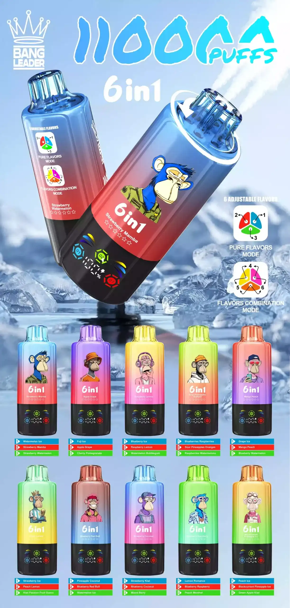 Bang Leader 110K (110000) Puffs 6 In 1 Flavors Newest Original 850MAh Rechargeable Battery 2% 3% 5% Nicotine LED Smart Screen Disposable Vape 12 Bang Leader 110K Puffs Disposable Vape