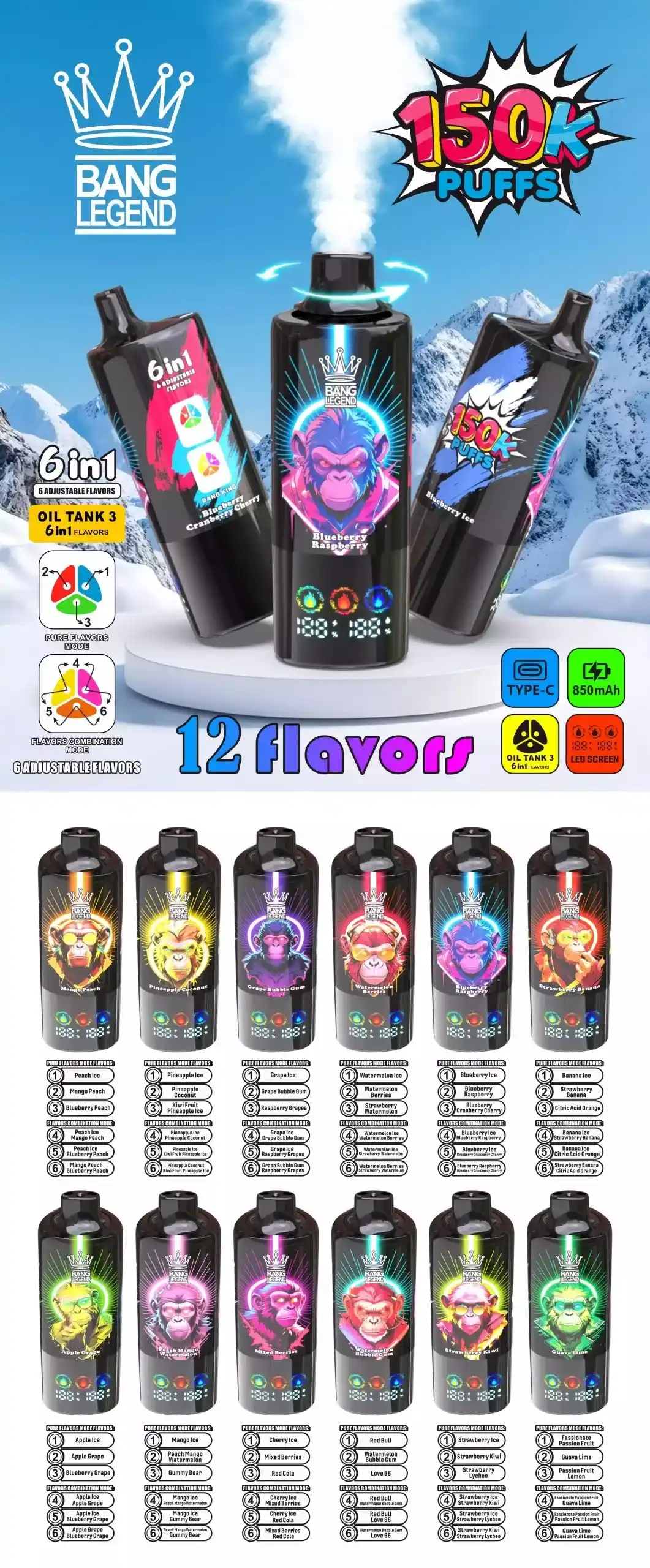 Bang Legend 150K 150000 Puffs 6 in 1 Flavors Newest Original 850MAh Rechargeable Battery 2% 3% 5% Nicotine LED Smart Screen Disposable Vape 12 Bang Legend 150000 150K Puffs 6 in 1 Flavors Newest Original Rechargeable LED Display Disposable Vape