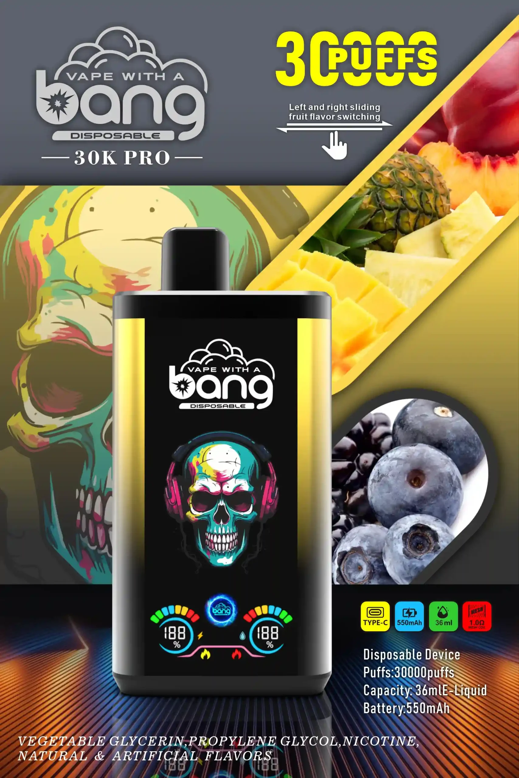 Bang 30K(30000) Puffs PRO Dual Flavor Screen Display 36ml E-liquid 0% 2% 3% 5% Nicotine Disposable Vape