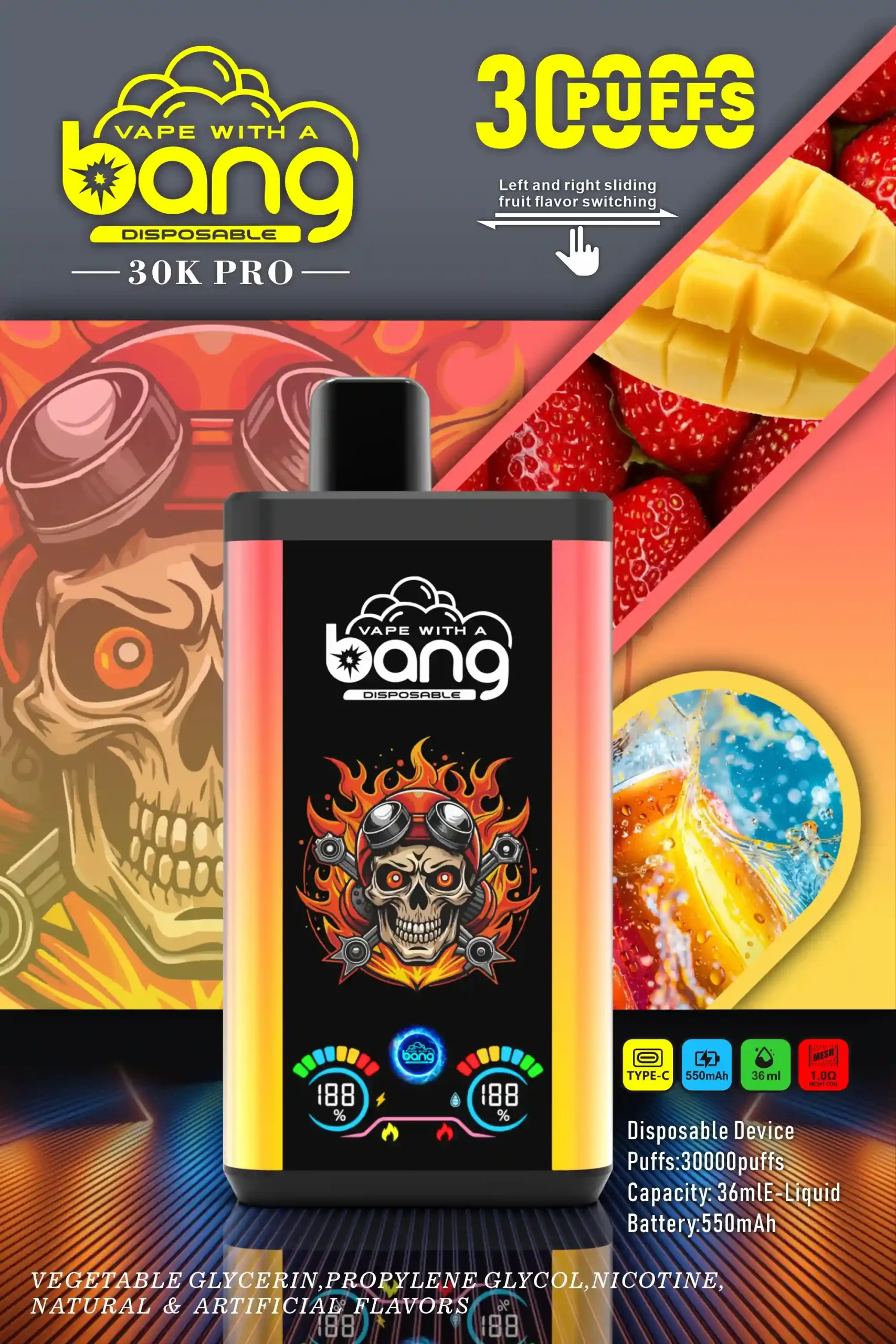 Bang 30K(30000) Puffs PRO Dual Flavor Screen Display 36ml E-liquid 0% 2% 3% 5% Nicotine Disposable Vape