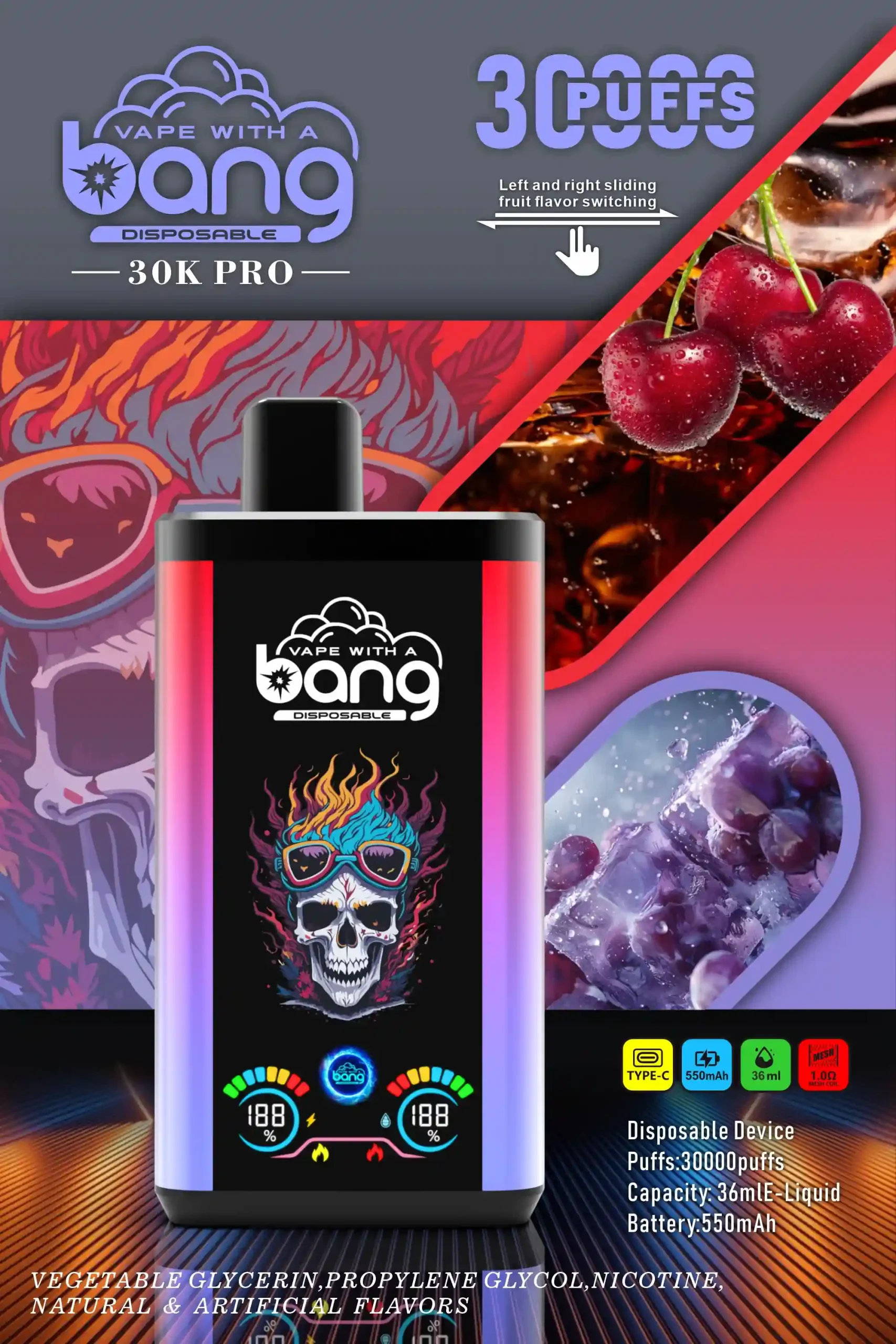 Bang 30K(30000) Puffs PRO Dual Flavor Screen Display 36ml E-liquid 0% 2% 3% 5% Nicotine Disposable Vape