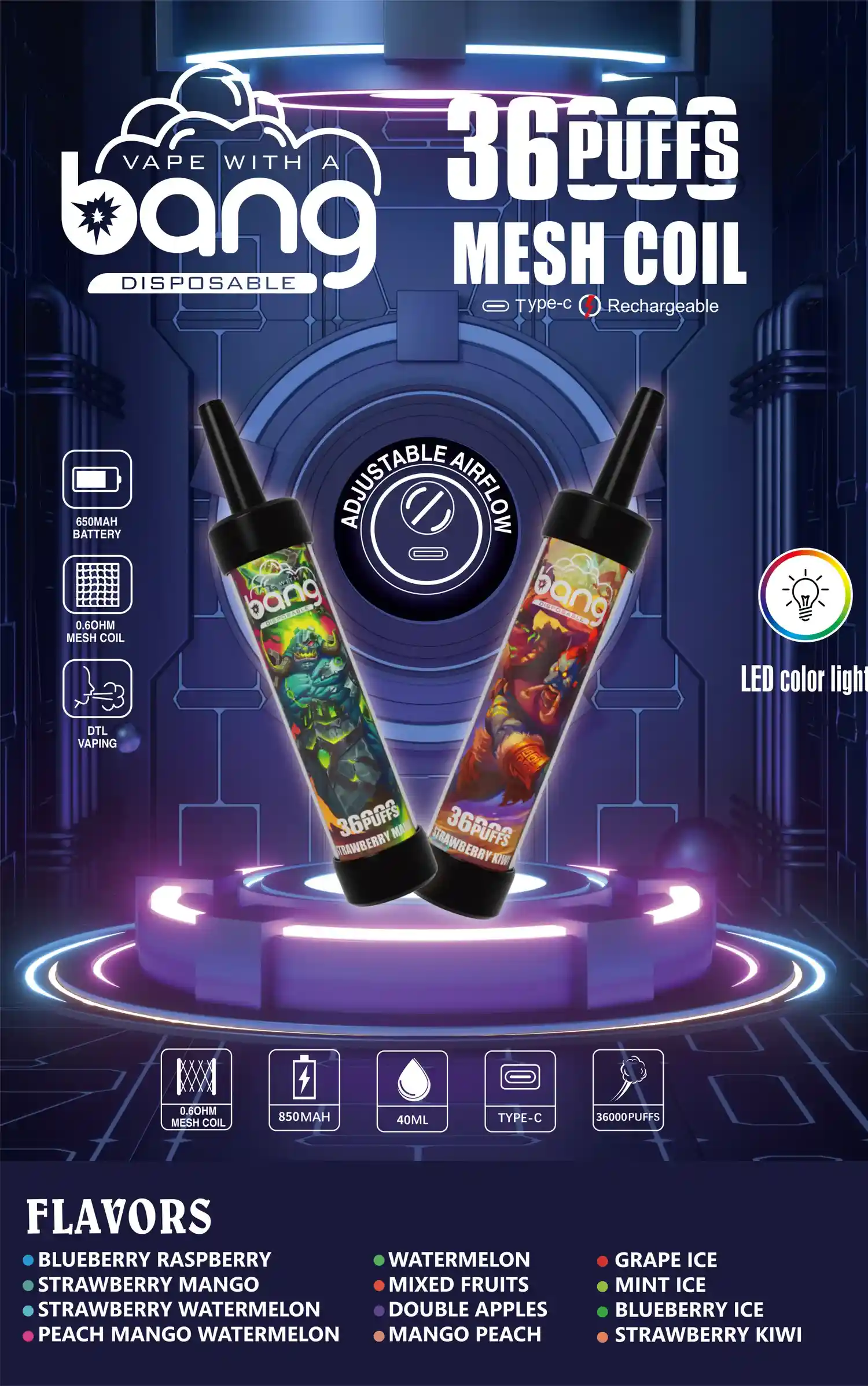 Bang 36K(36000) Puffs DTL LED Color Light 40ml E-liquid Type-C Charging 0% 2% 3% 5% Nicotine Disposable Vape Pen