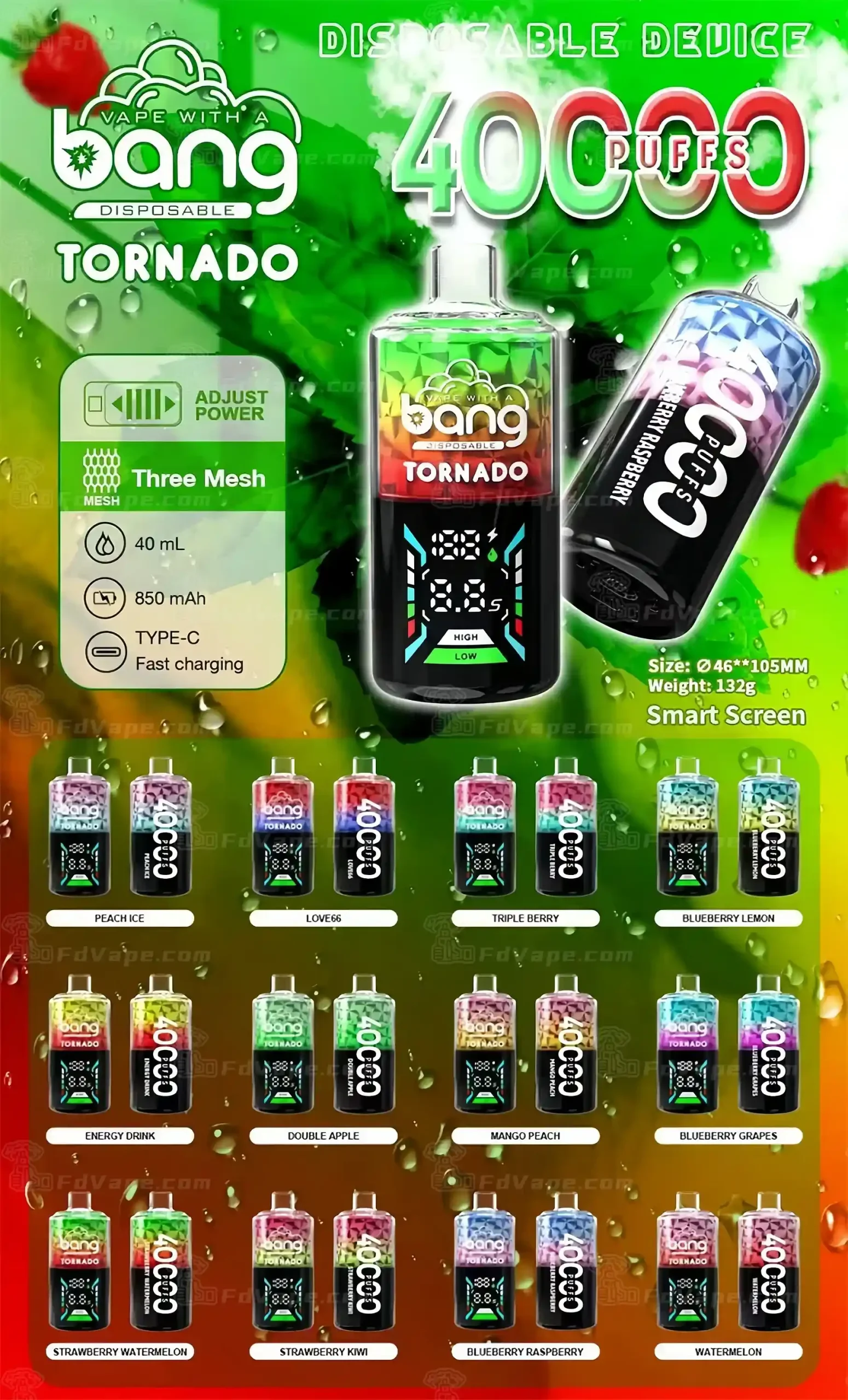 Bang Tornado 40K(40000) Puffs Large Smoke DTL Smart LED Display 0% 2% 3% 5% Nicotine 40mL E-liquid Disposable Vape