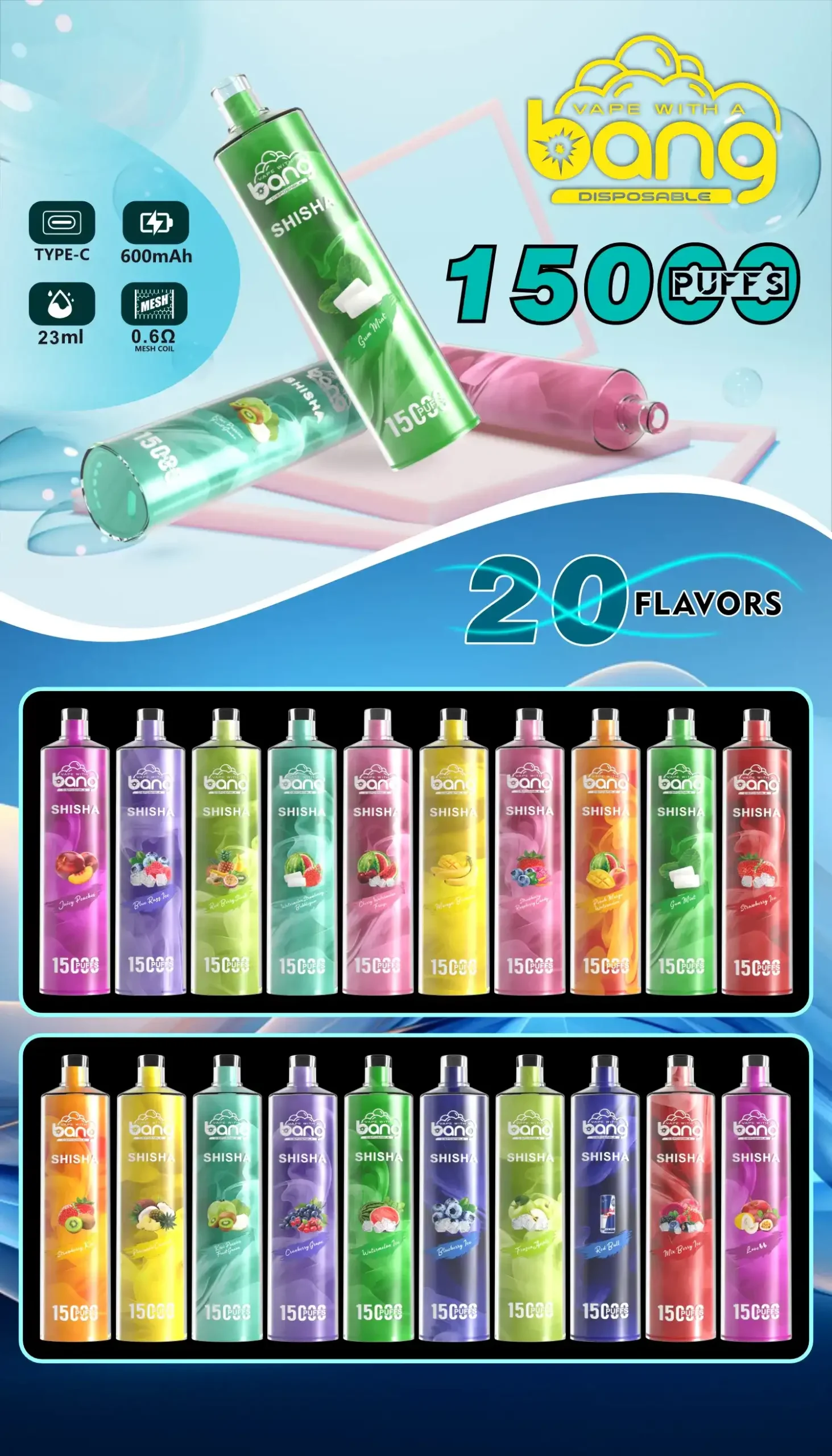 Bang SHISHA 15K(15000) Puffs 0% 2% 3% 5% Nicotine 600mAh Battery 23ml Oil Disposable Vape Pen