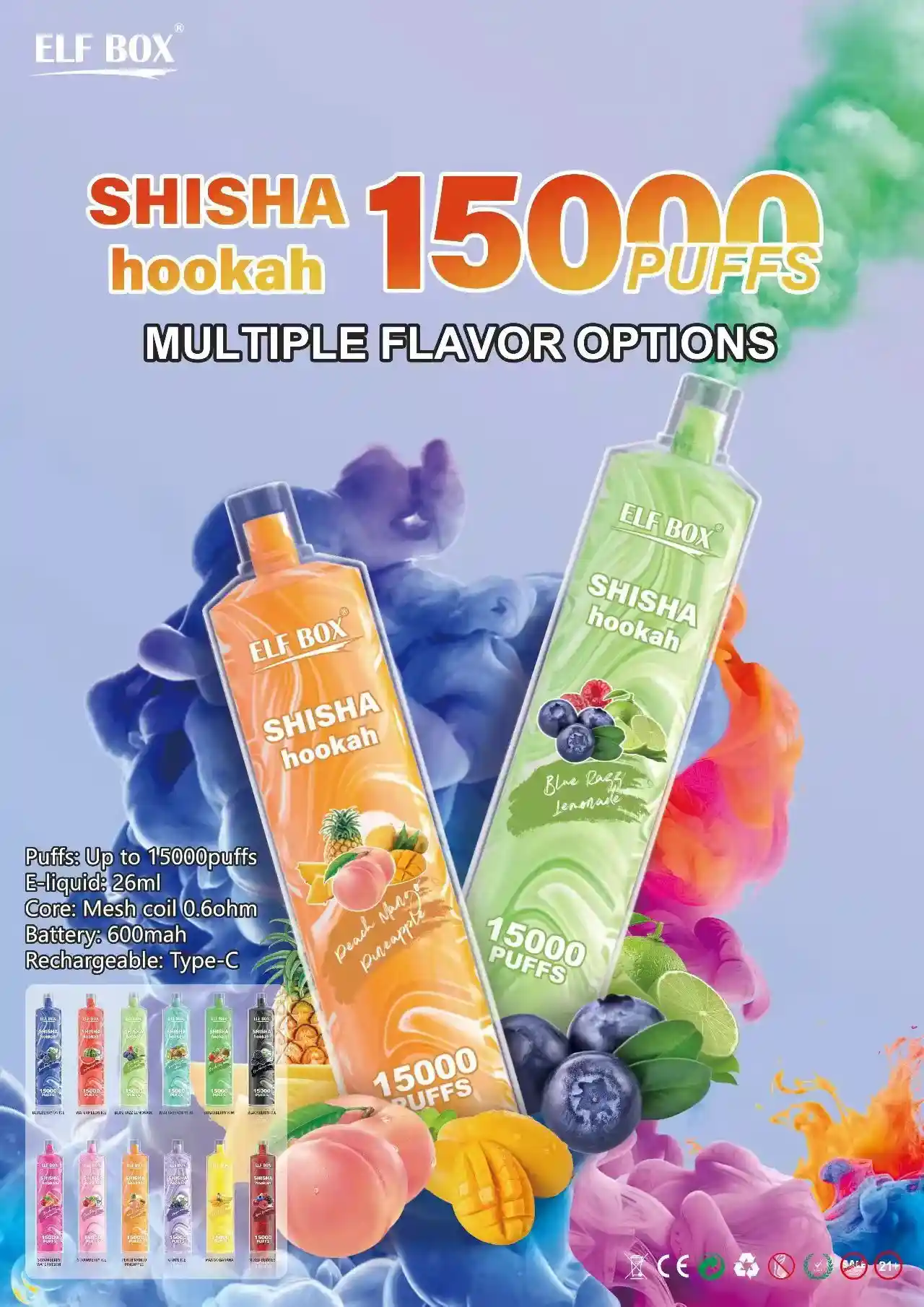 ELF BOX LS 15K(15000) Puffs Shisha Hookah Rechargeable 26ml e-juice 2% 5% Nicotine Type-C charging Disposable Vape