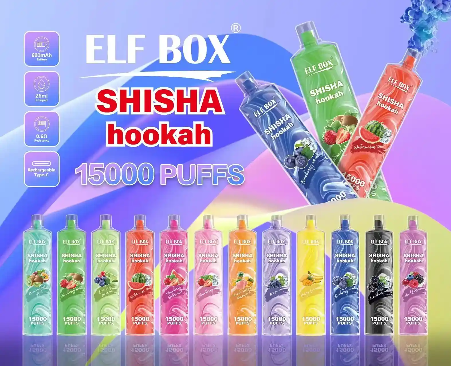 ELF BOX LS 15K(15000) Puffs Shisha Hookah Rechargeable 26ml e-juice 2% 5% Nicotine Type-C charging Disposable Vape