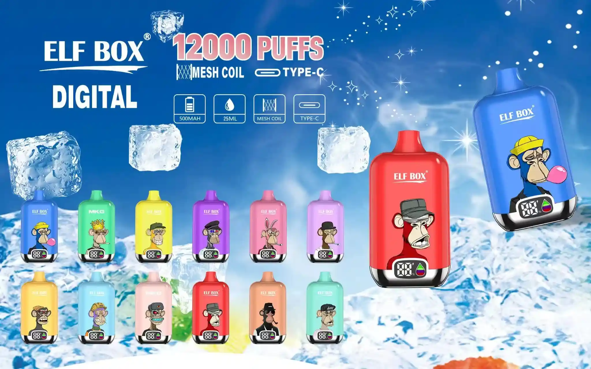 ELF Box Digital 12K(12000) puffs LED Display 25ml E-liquid 0% 2% 3% 5% Nicotine Type-C Rechargeable Disposable Vape