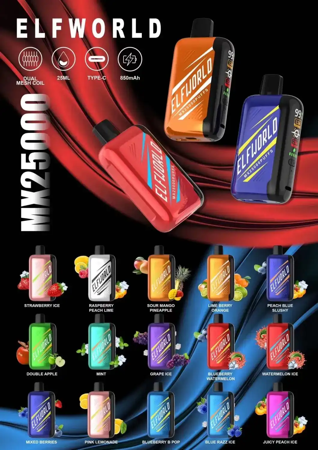Elfworld MX25000 Puffs nicotine strengths: 0%, 2%, 3%, and 5% 3D LCD screen Display Disposable Vape
