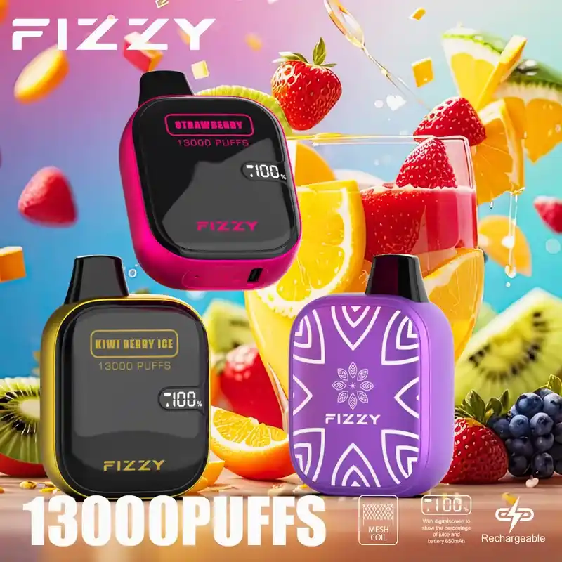Fizzy Boom 13K (13000) Puffs 21ML E-liquid Mesh Coil LCD Screen 650mAh Rechargeable Battery 2 5% Nicotine Disposable Vape