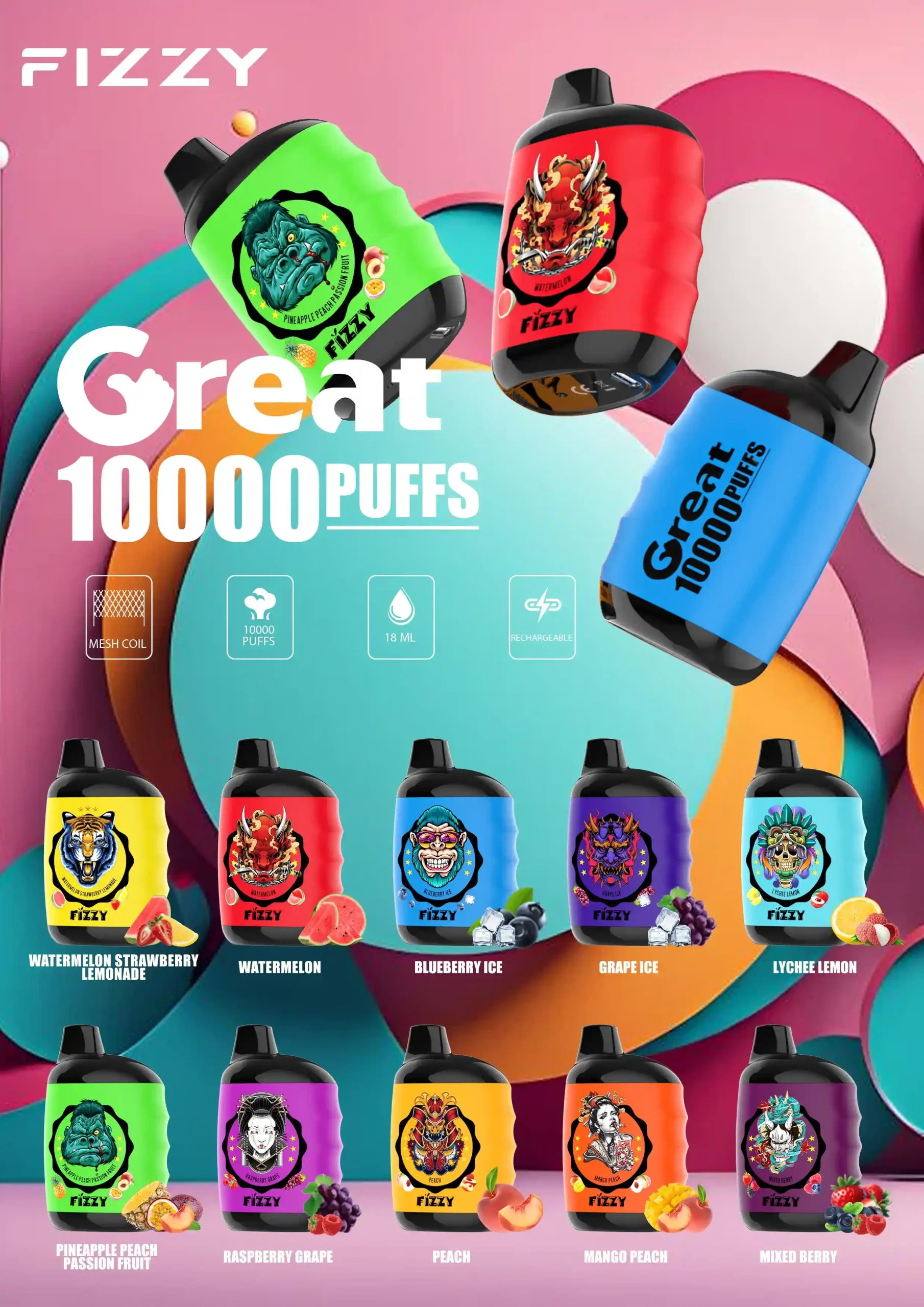 Fizzy Great 10K (10000) Puffs 18ML E-liquid Mesh Coil 650 mAh Battery 2% 5% Nicotine 10flavors Disposable Vape