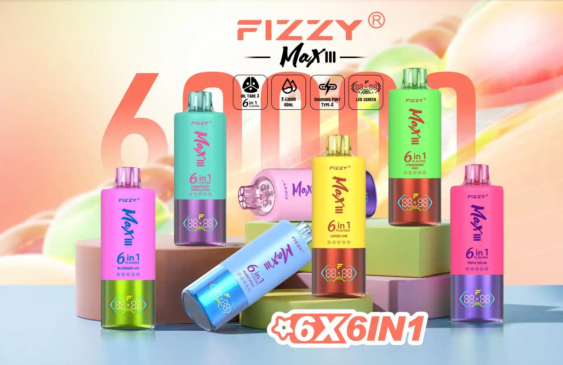 Fizzy Max III 6in1 60K (60000) Puffs LCD Display 60ml E-liquid 850 mAh Battery 2% 5% Nicotine 10 Flavors Disposable Vape