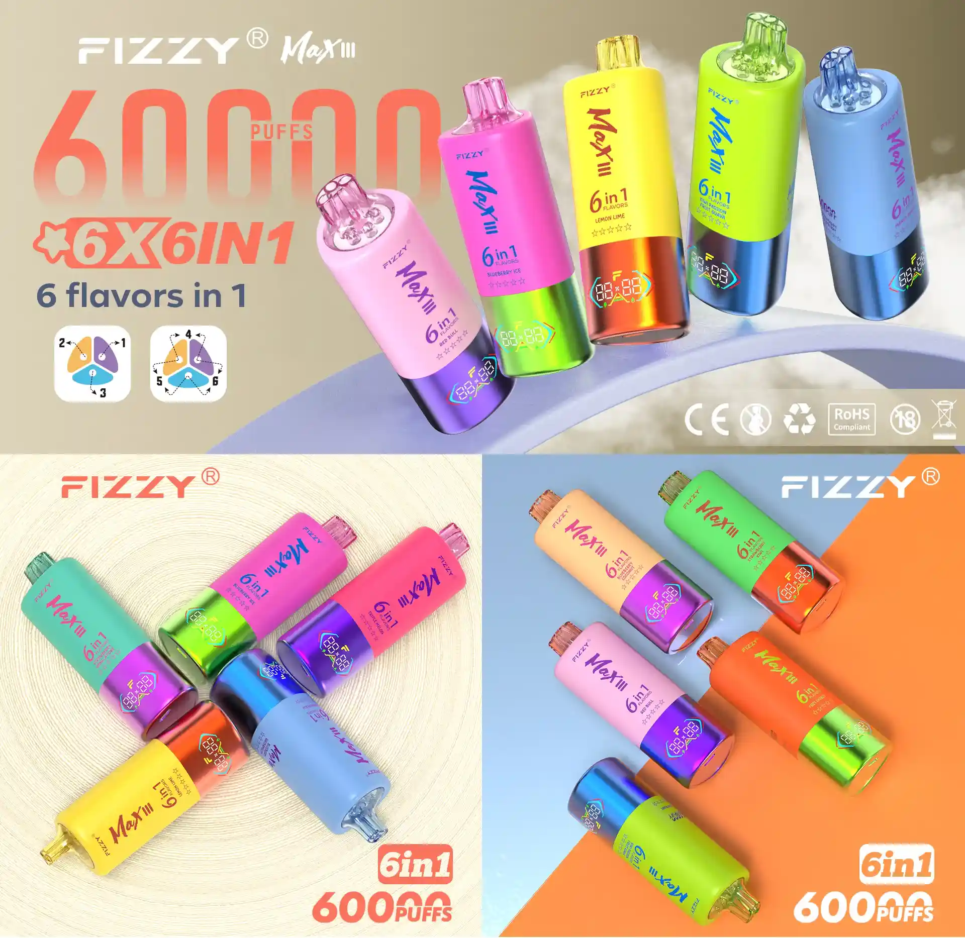 24h-vape.com Fizzy Max III 6in1 60K (60000) Puffs LCD Display 60ml E-liquid 850 mAh Battery 2% 5% Nicotine 10 Flavors Disposable Vape