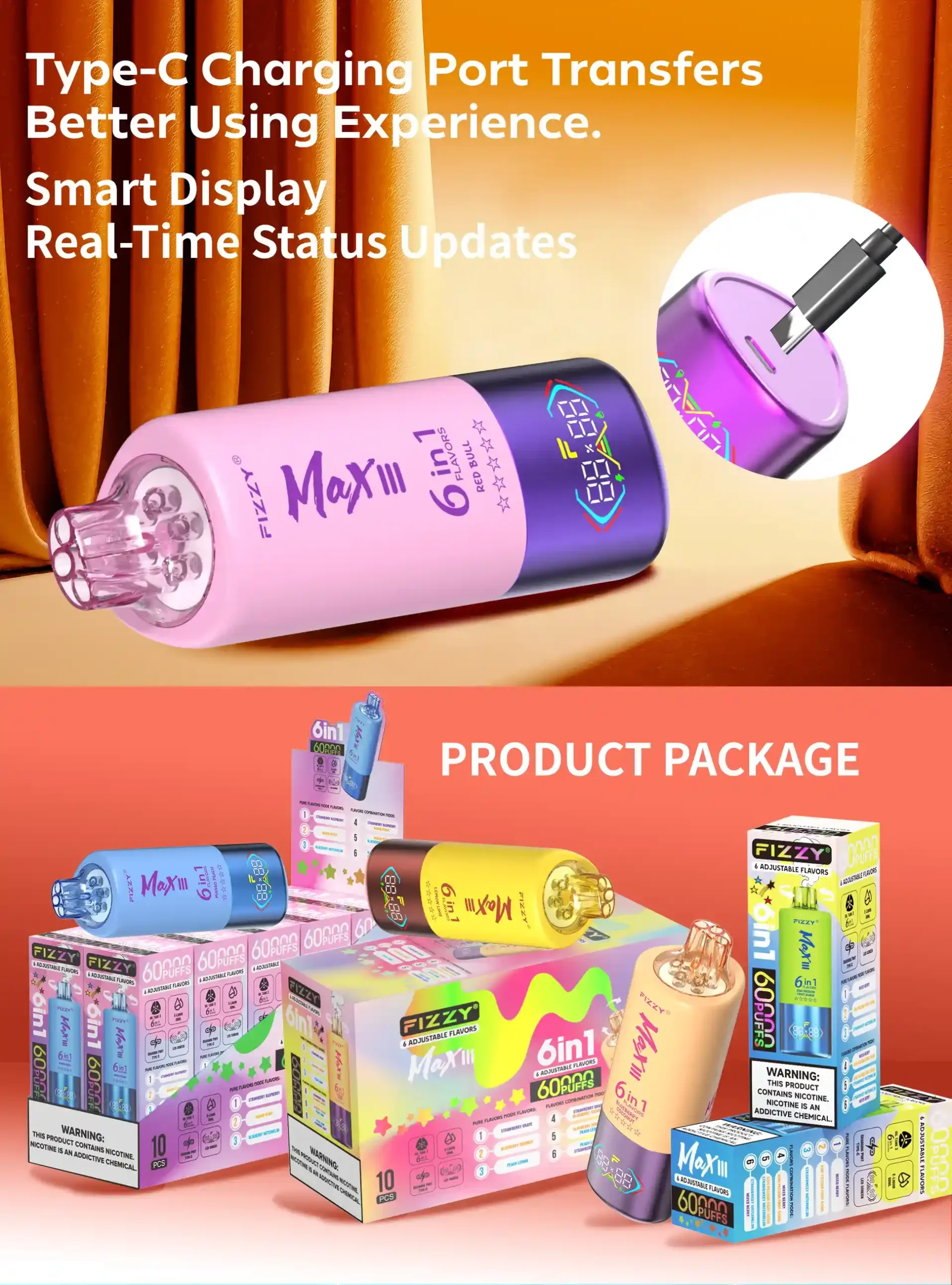 Fizzy Max III 6in1 60K (60000) Puffs LCD Display 60ml E-liquid 850 mAh Battery 2% 5% Nicotine 10 Flavors Disposable Vape