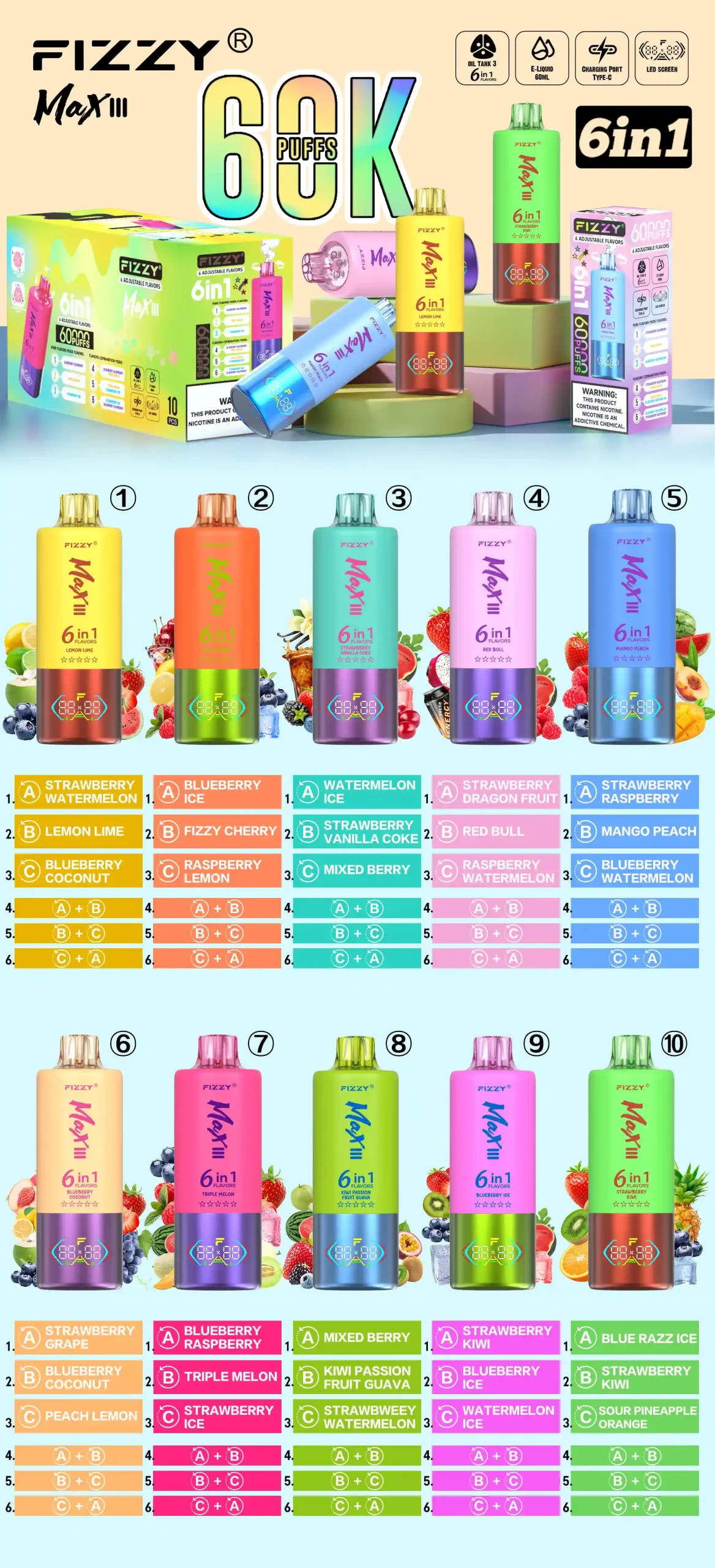 Fizzy Max III 6in1 60K (60000) Puffs LCD Display 60ml E-liquid 850 mAh Battery 2% 5% Nicotine 10 Flavors Disposable Vape
