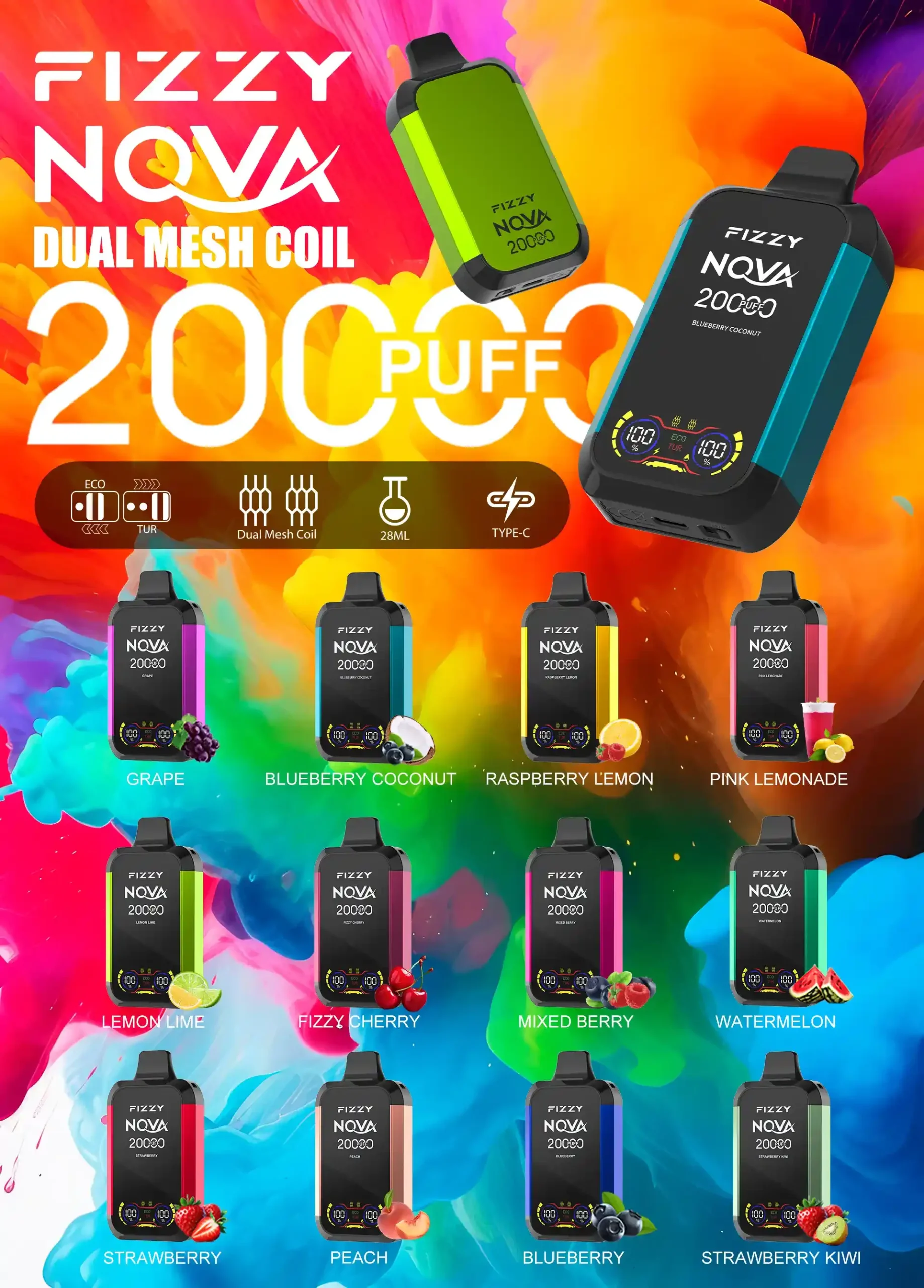 Fizzy Nova 20K (20000) Puffs Dual Mesh Coil 28ML E-liquid LCD Screen 15flavors 850mAh Rechargeable Battery 2% 5% Nicotine Disposable Vape
