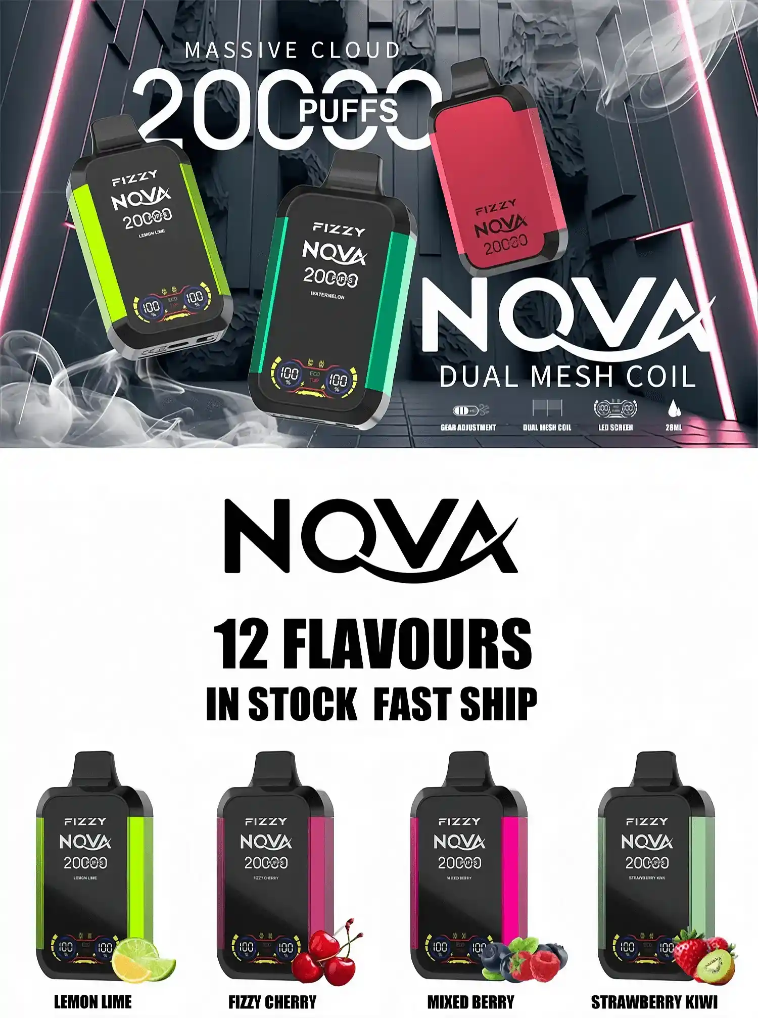 24h-vape.com Fizzy Nova 20K (20000) Puffs Dual Mesh Coil 28ML E-liquid LCD Screen 15flavors 850mAh Rechargeable Battery 2% 5% Nicotine Disposable Vape