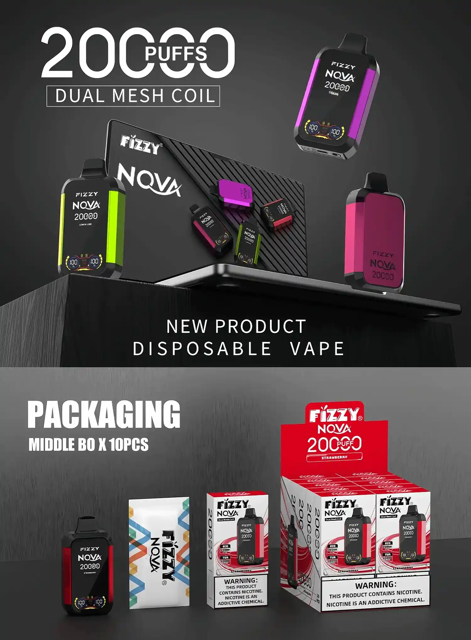 24h-vape.com Fizzy Nova 20K (20000) Puffs Dual Mesh Coil 28ML E-liquid LCD Screen 15flavors 850mAh Rechargeable Battery 2% 5% Nicotine Disposable Vape