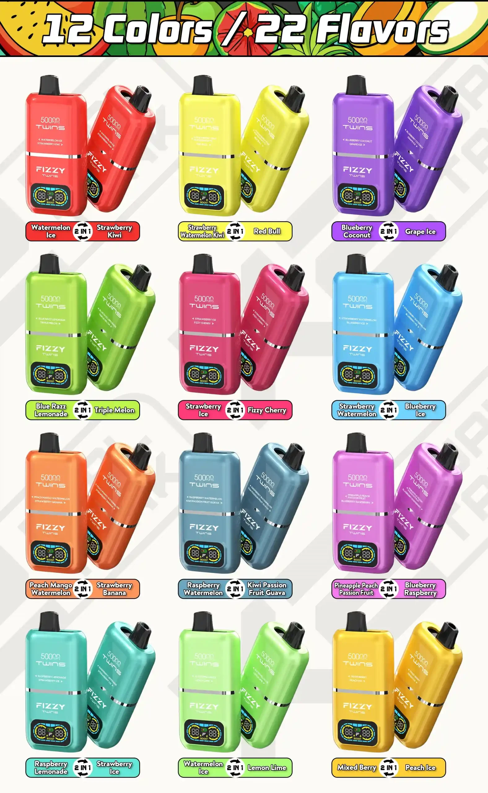 Fizzy Twins 50K (50000) Puffs Dual Flavors 50ML E-liquid Mesh Coil 850 mAh Battery 2% 5% Nicotine LCD Screen Disposable Vape – A New Era in Vaping Innovation