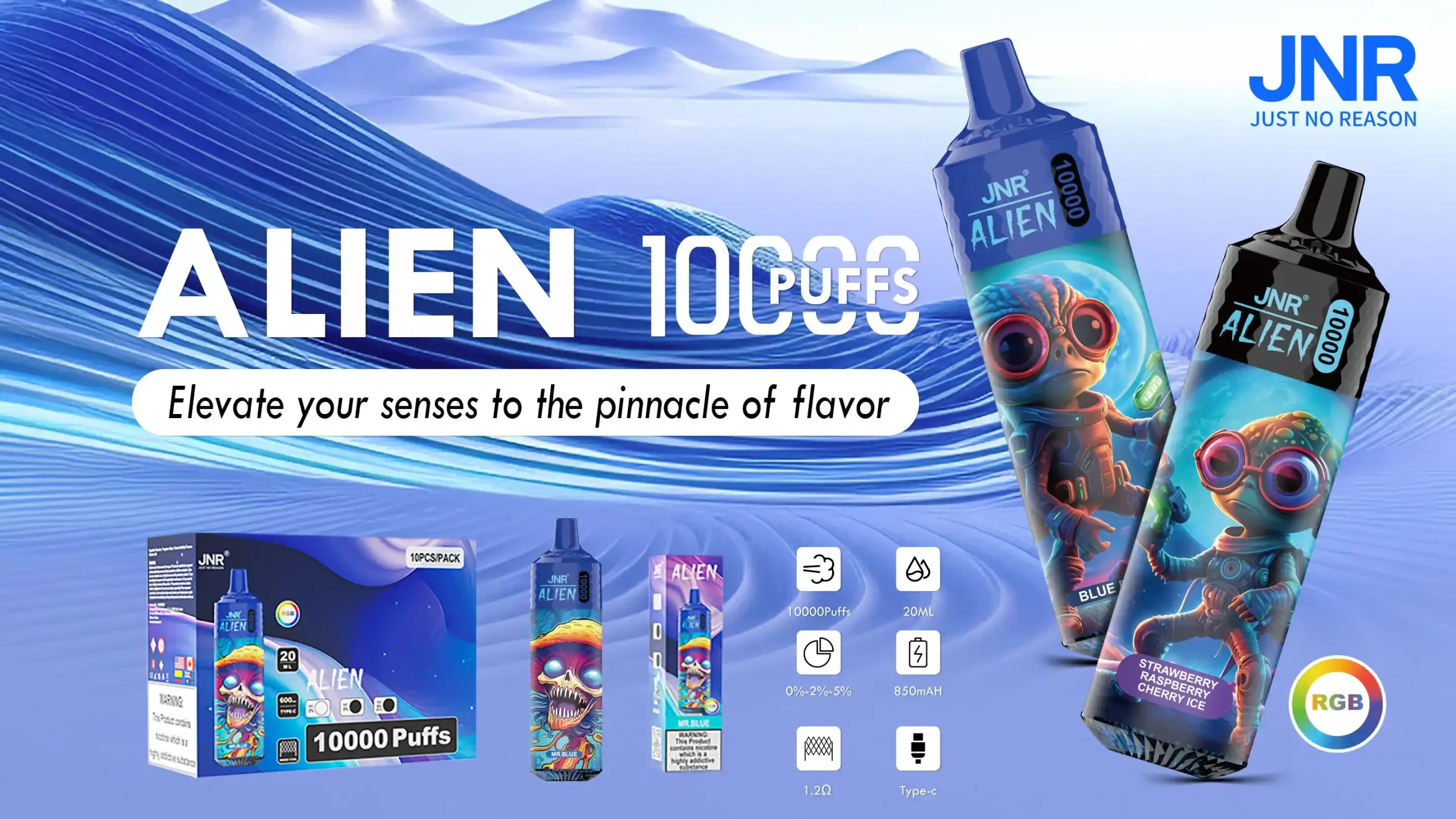 JNR Alien 10K (10000) Puffs 2% 5% Nicotine 20ML E-liquid 850mAh Rechargeable Battery LED (RGB) Lights Disposable Vape