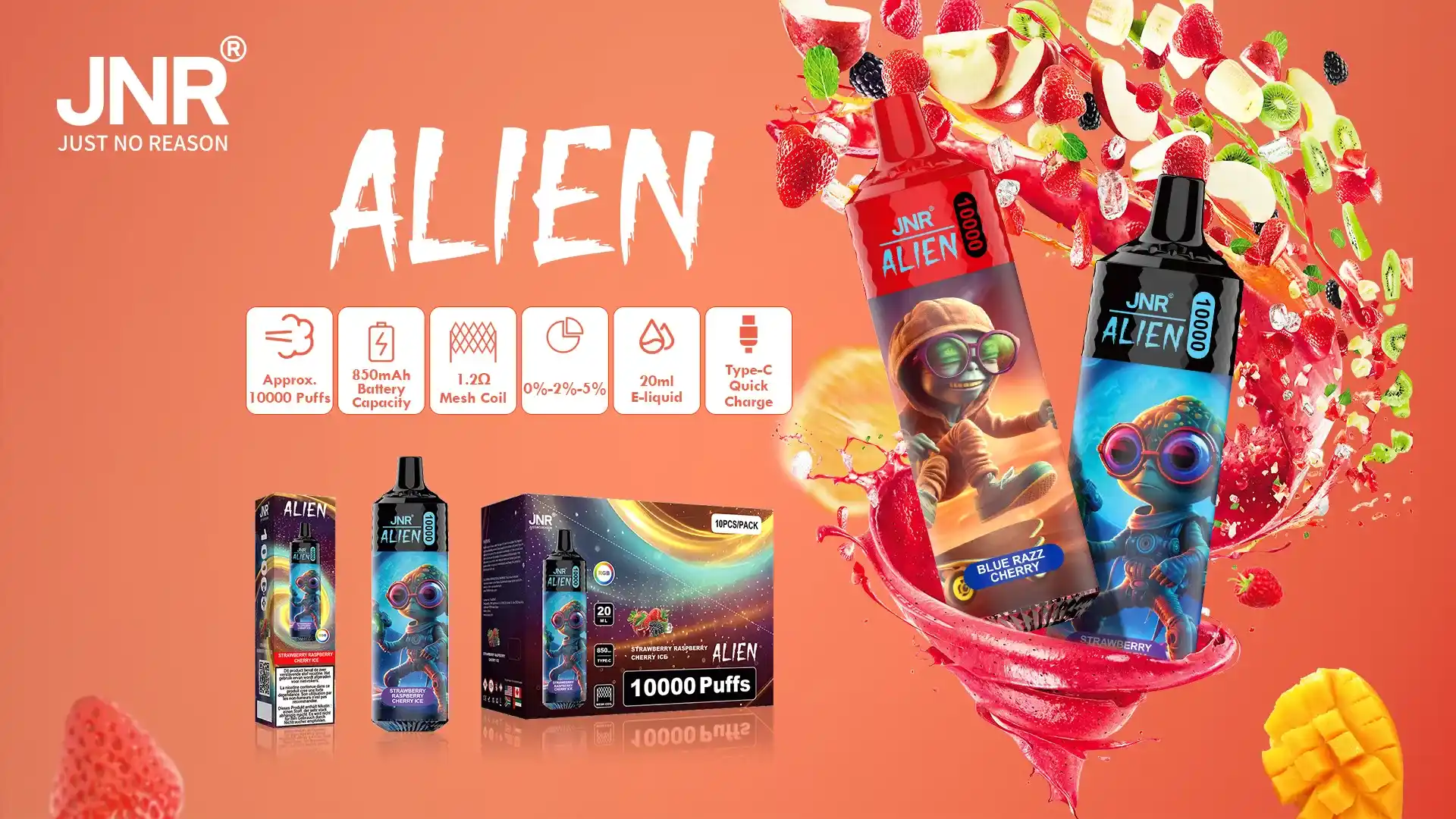 JNR Alien 10K (10000) Puffs 2% 5% Nicotine 20ML E-liquid 850mAh Rechargeable Battery LED (RGB) Lights Disposable Vape
