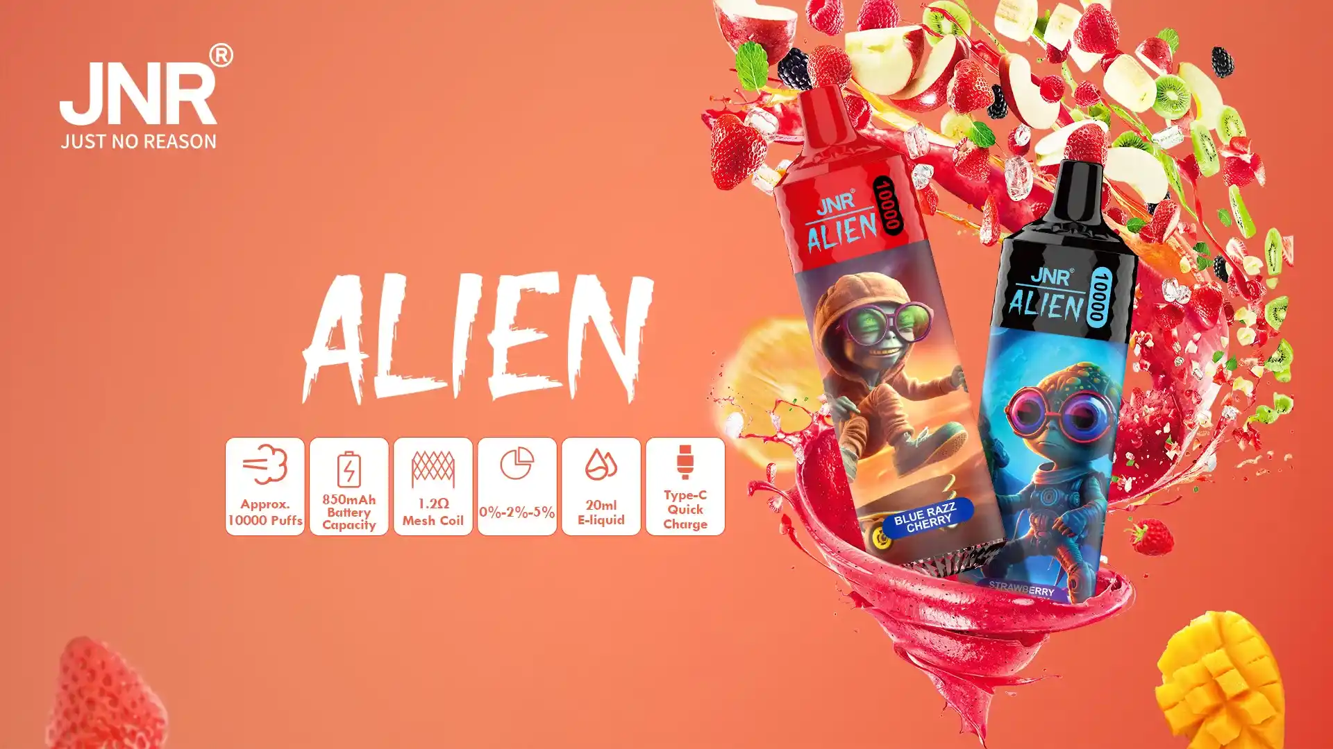 JNR Alien 10K (10000) Puffs 2% 5% Nicotine 20ML E-liquid 850mAh Rechargeable Battery LED (RGB) Lights Disposable Vape