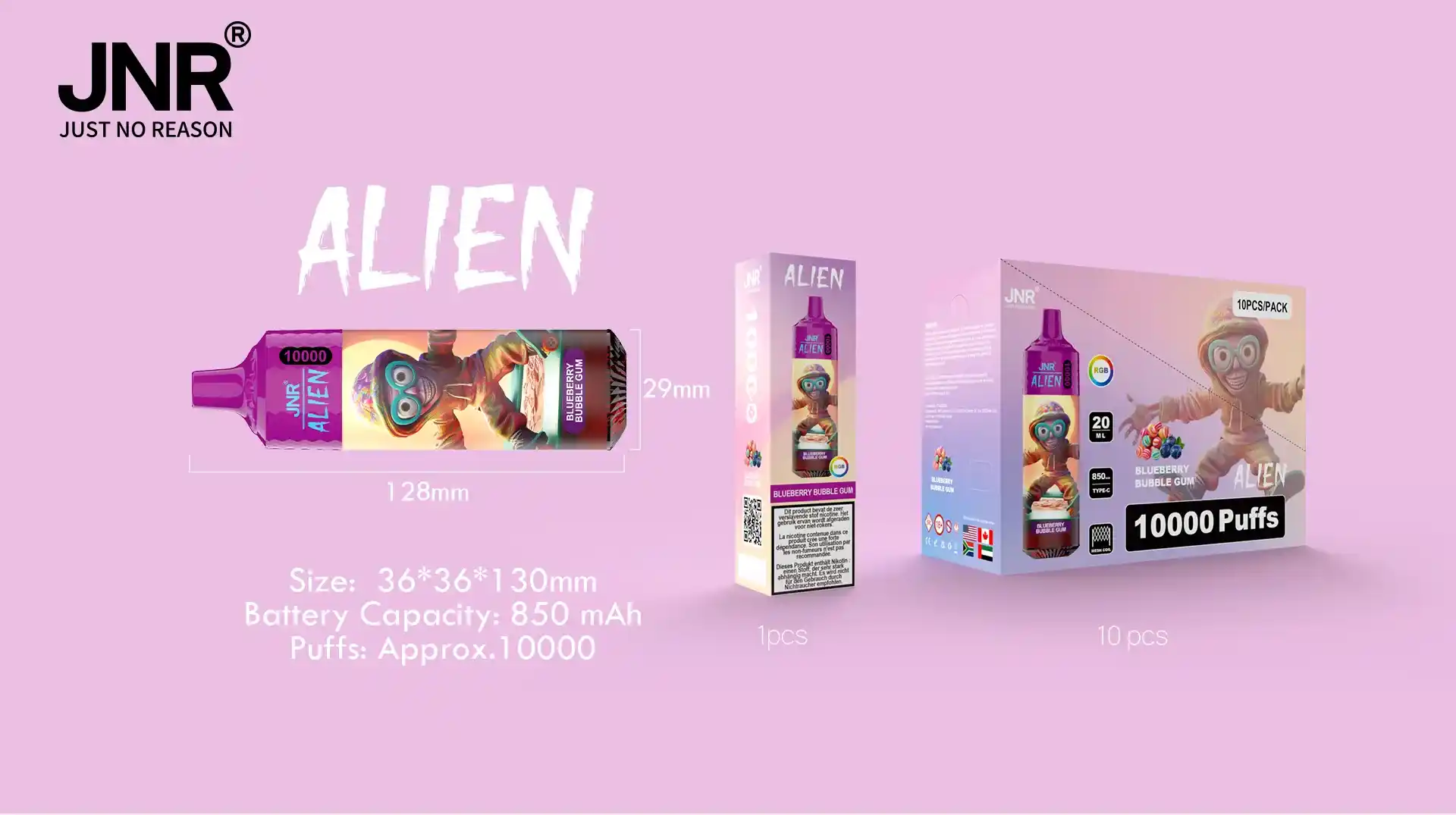 JNR Alien 10K (10000) Puffs 2% 5% Nicotine 20ML E-liquid 850mAh Rechargeable Battery LED (RGB) Lights Disposable Vape