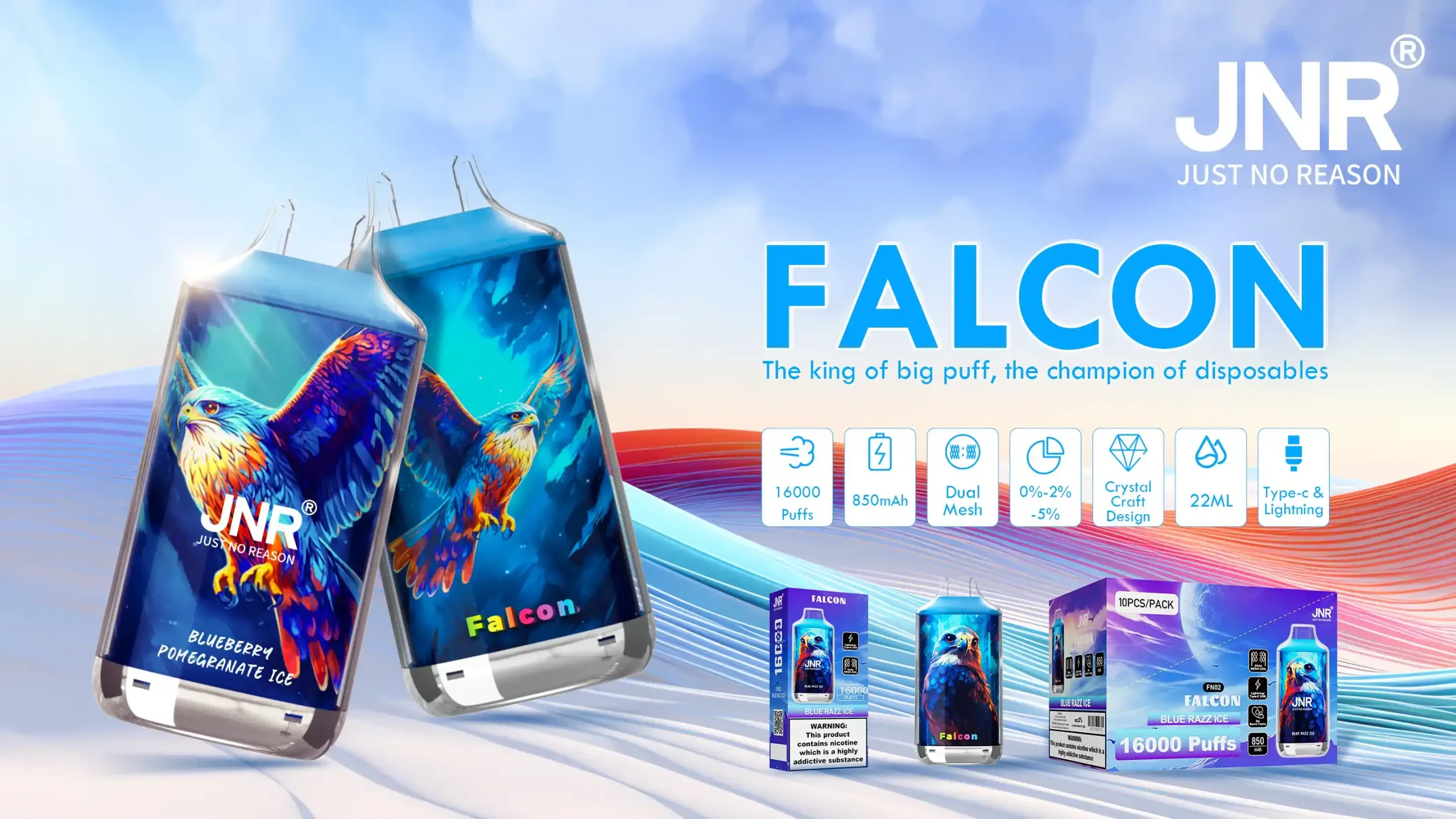 JNR Falcon Crystal 16K (16000) Puffs LED Display 2% 5% Nicotine 22ml E-liquid 850mAh Rechargeable Battery Disposable Vape