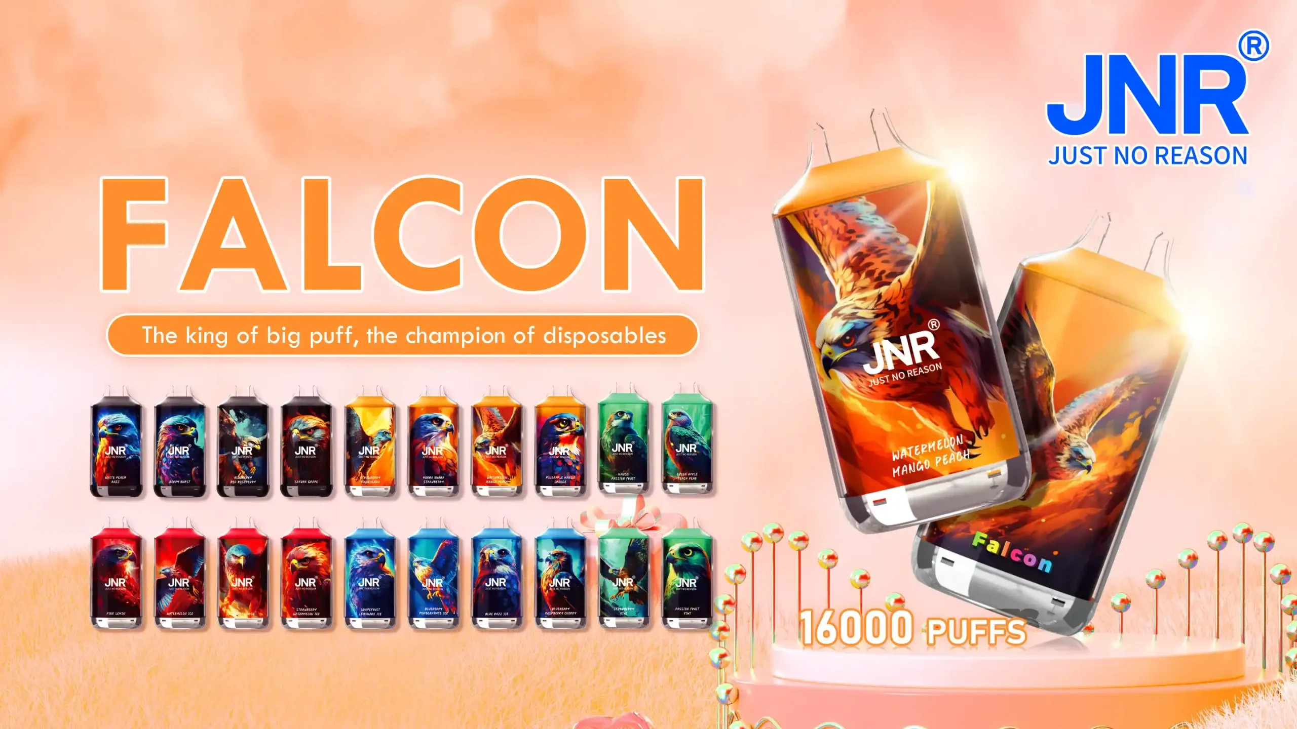 JNR Falcon Crystal 16K (16000) Puffs LED Display 2% 5% Nicotine 22ml E-liquid 850mAh Rechargeable Battery Disposable Vape