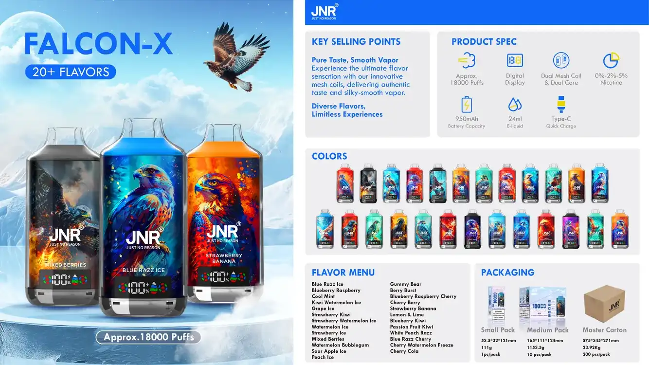 JNR Falcon X 18K (18000) Puffs LED Display 2% Nicotine 24ml E-liquid Disposable Vape