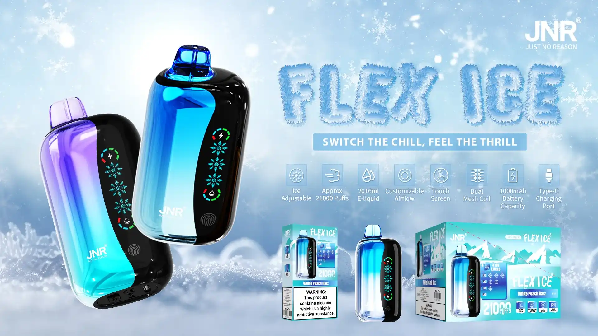 JNR Flex Ice 21K (21000) Puffs 0% 2% 5% Nicotine 26ml E-liquid 1000mAh Rechargeable Battery LED Display Disposable Vape
