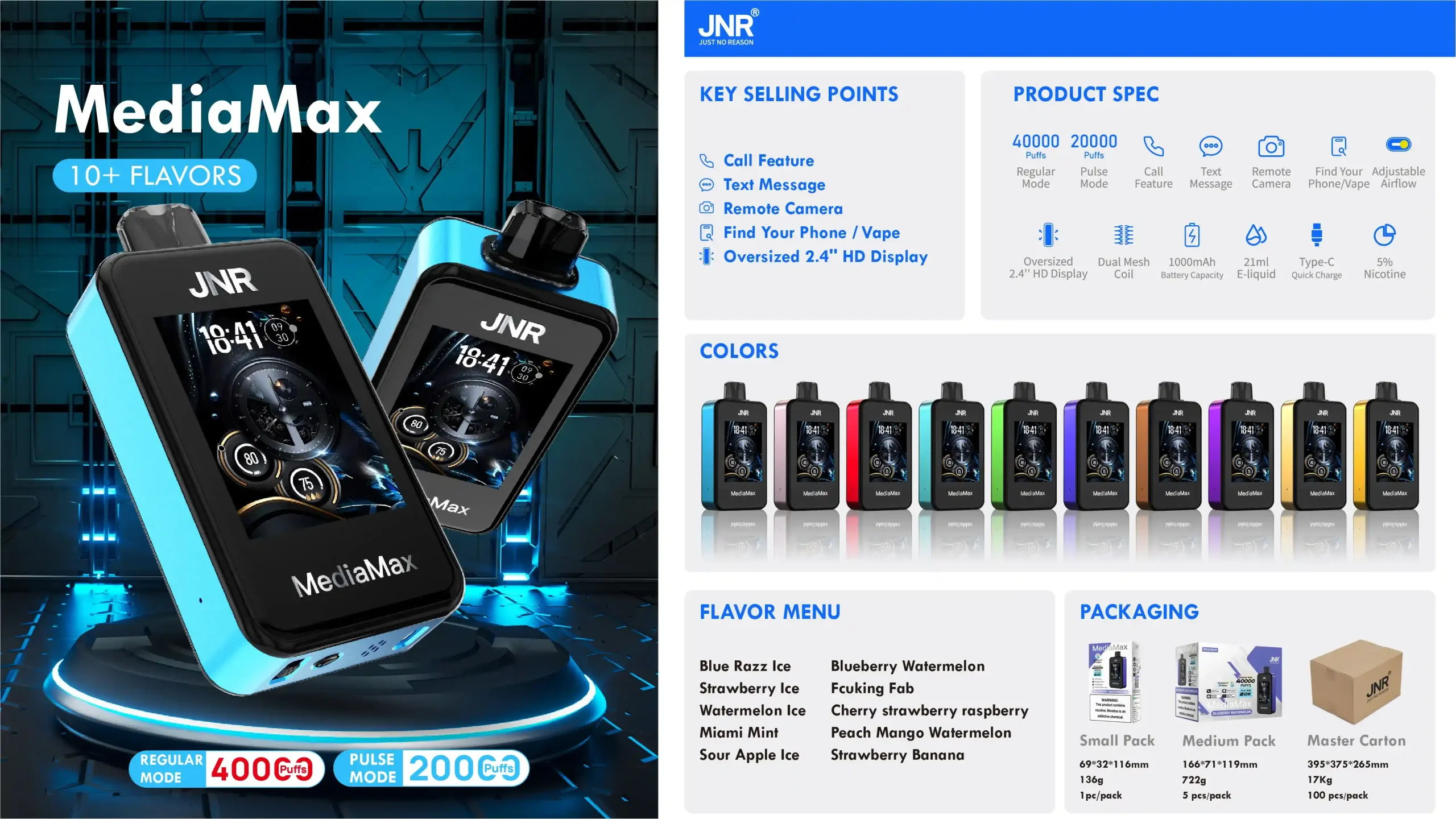 JNR Media Max 40K (40000) Puffs 2.4-Inch Large Screen And Phone Function 5% Nicotine 21mL E-liquid Disposable Vape