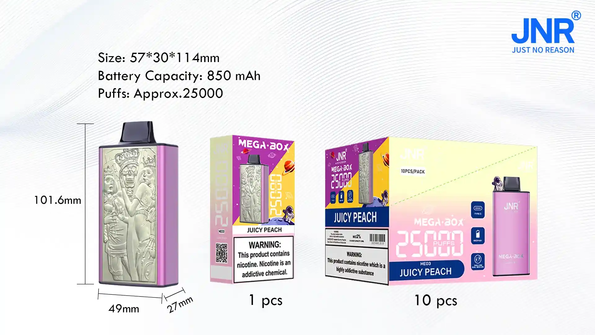 JNR Mega Box 25K (25000) Puffs 3D Texture 2% 5% Nicotine 30ML E-liquid 850mAh Powerbank Battery Disposable Vape