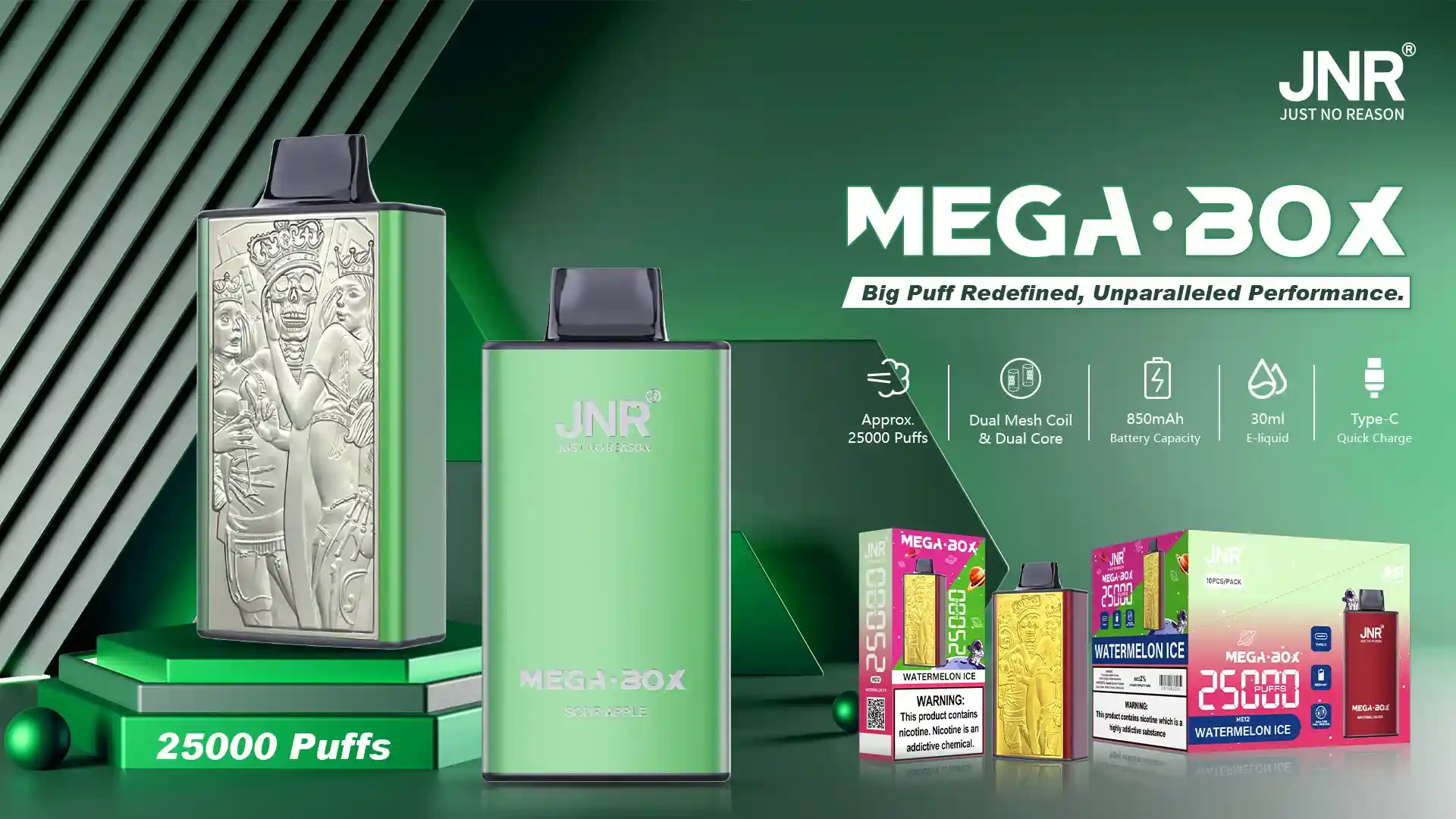 JNR Mega Box 25K (25000) Puffs 3D Texture 2% 5% Nicotine 30ML E-liquid 850mAh Powerbank Battery Disposable Vape