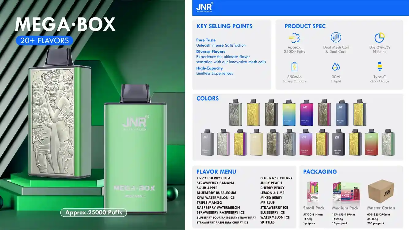 JNR Mega Box 25K (25000) Puffs 3D Texture 2% 5% Nicotine 30ML E-liquid 850mAh Powerbank Battery Disposable Vape