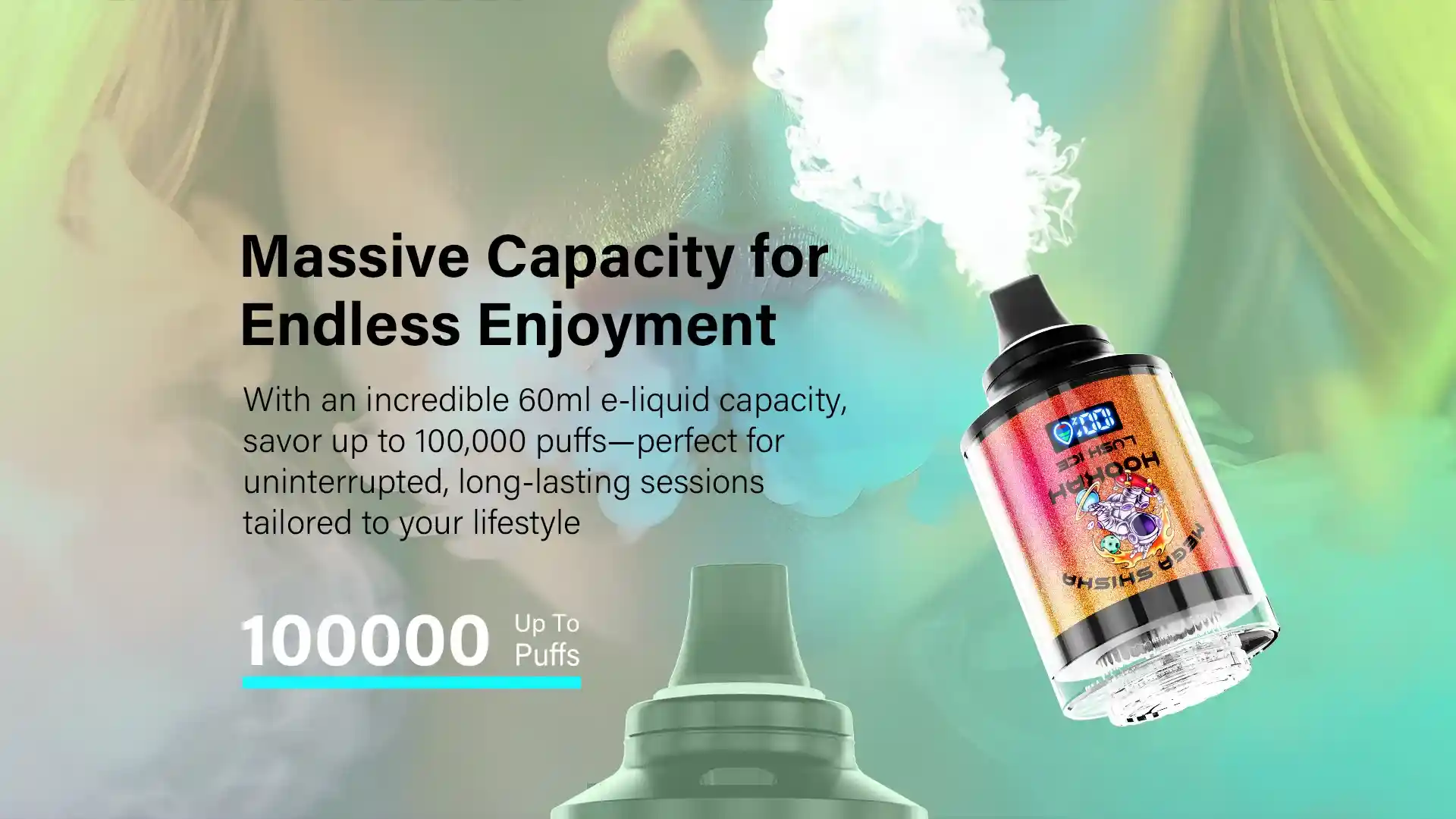 JNR Mega Shisha Hookah 100K (100000) Puffs 2% 5% Nicotine 2200mAh Rechargeable Battery Direct-to-Lung (DTL) Vaping 60mL E-liquid Ultimate Vape