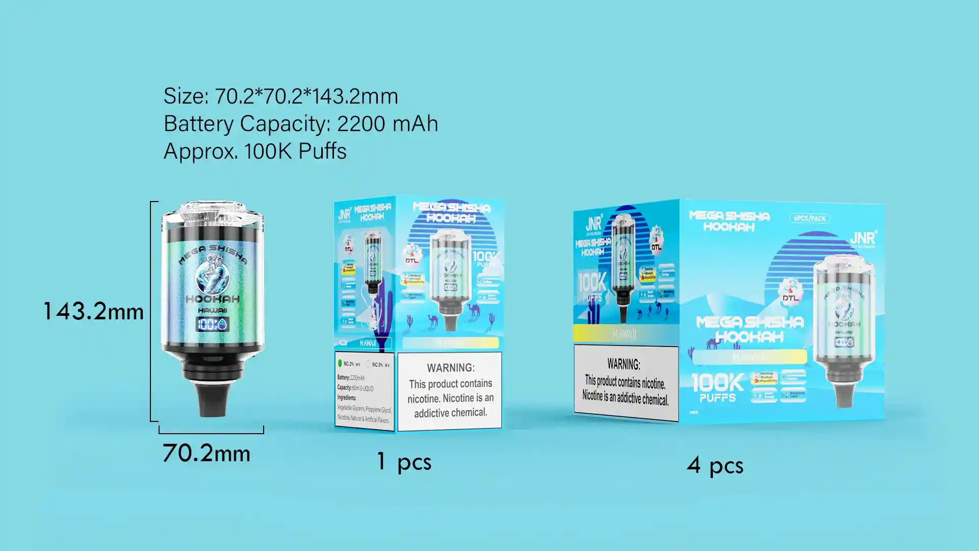 JNR Mega Shisha Hookah 100K (100000) Puffs 2% 5% Nicotine 2200mAh Rechargeable Battery Direct-to-Lung (DTL) Vaping 60mL E-liquid Ultimate Vape