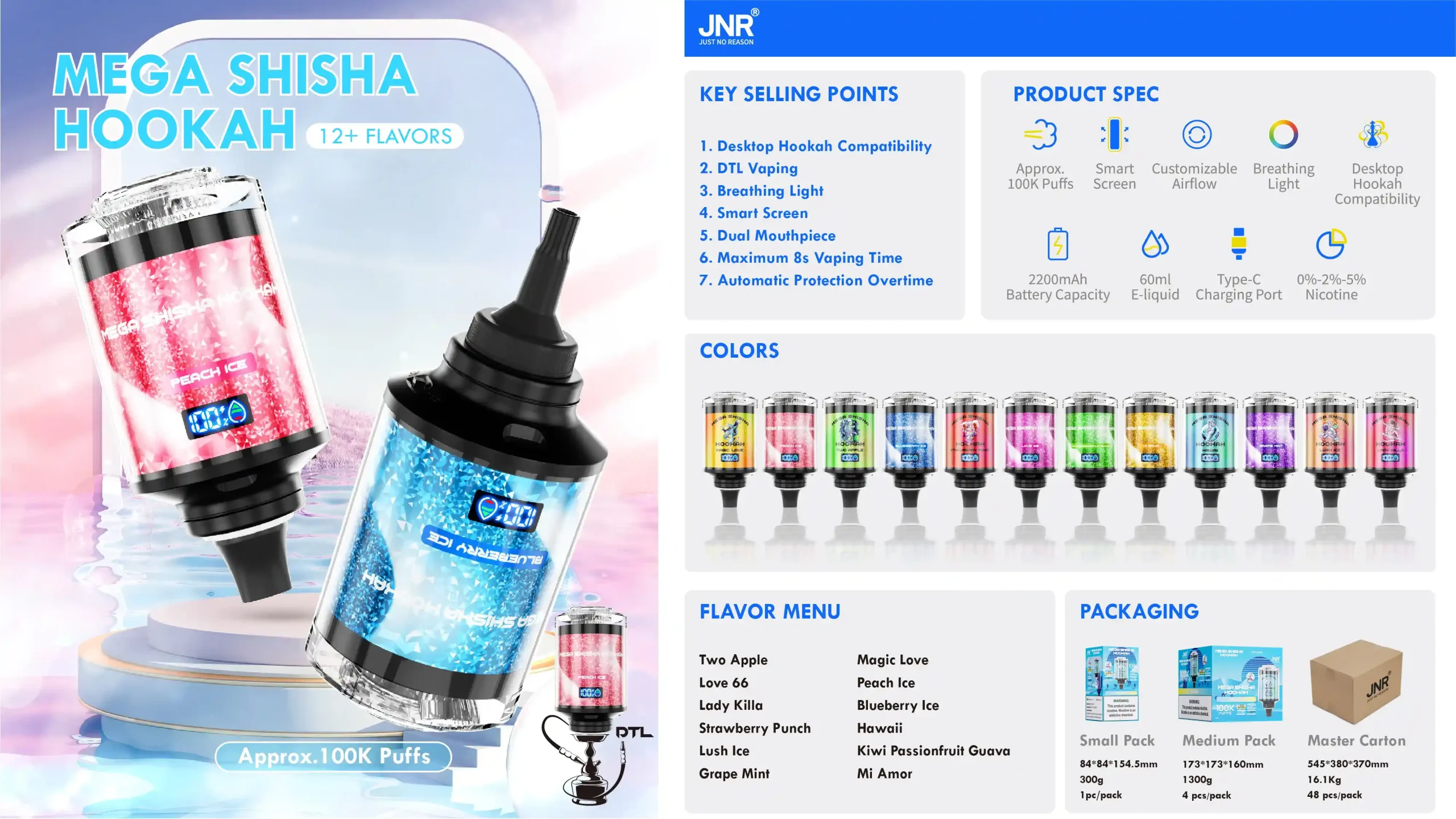JNR Mega Shisha Hookah 100K (100000) Puffs 2% 5% Nicotine 2200mAh Rechargeable Battery Direct-to-Lung (DTL) Vaping 60mL E-liquid Ultimate Vape