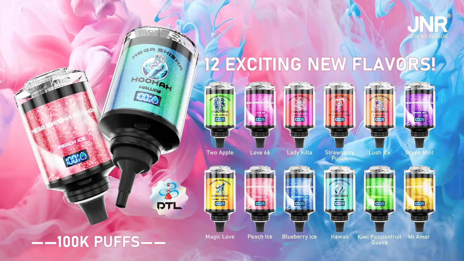 JNR Mega Shisha Hookah 100K (100000) Puffs 2% 5% Nicotine 2200mAh Rechargeable Battery Direct-to-Lung (DTL) Vaping 60mL E-liquid Ultimate Vape