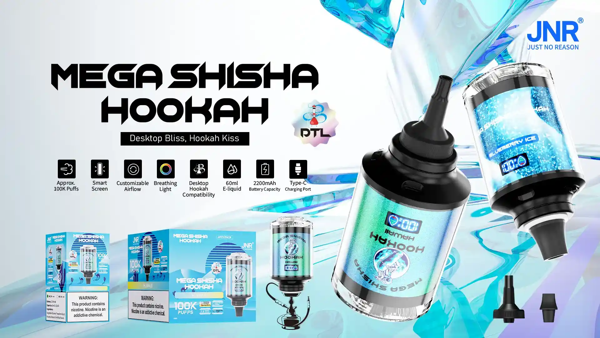 JNR Mega Shisha Hookah 100K (100000) Puffs 2% 5% Nicotine 2200mAh Rechargeable Battery Direct-to-Lung (DTL) Vaping 60mL E-liquid Ultimate Vape