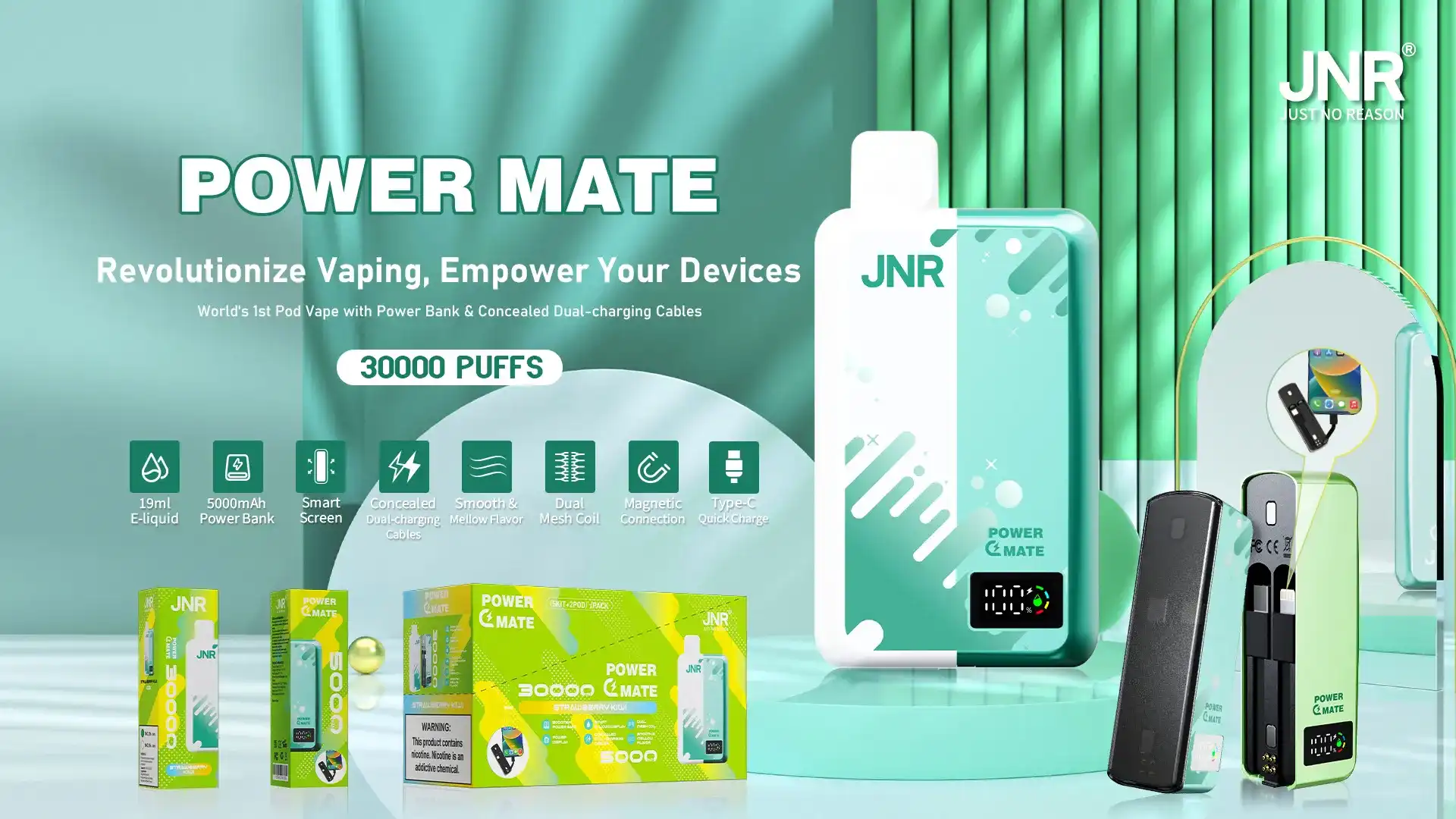 JNR Power Mate 30K (30000) Puffs 30ML E-liquid Smart LCD Screen 2% 5% Nicotine 5000mAh Power Bank Battery Disposable Vape