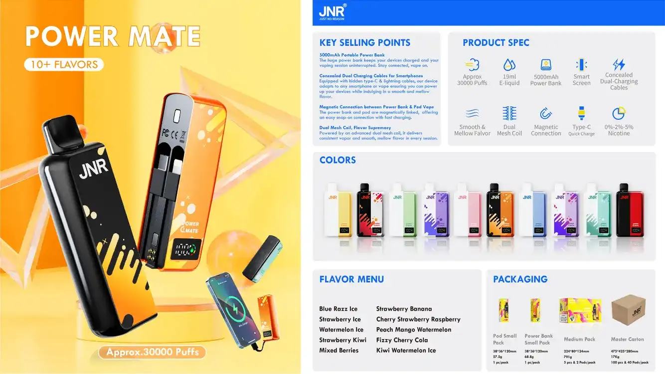 JNR Power Mate 30K (30000) Puffs 30ML E-liquid Smart LCD Screen 2% 5% Nicotine 5000mAh Power Bank Battery Disposable Vape