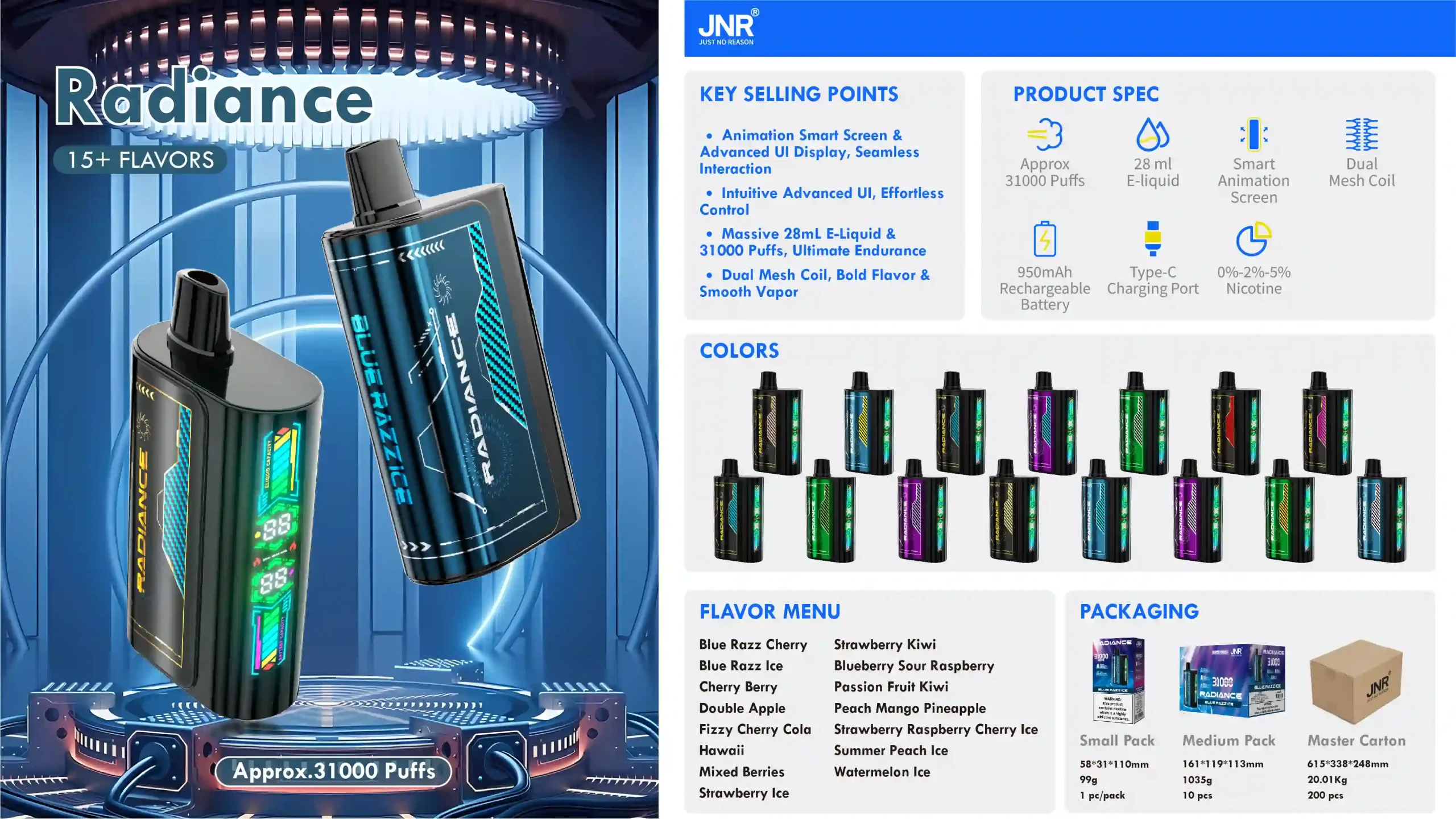 JNR Radiance 31K (31000) Puffs LED Display 0% 2% 5% Nicotine 28ml E-liquid 950mAh Rechargeable Battery Disposable Vape
