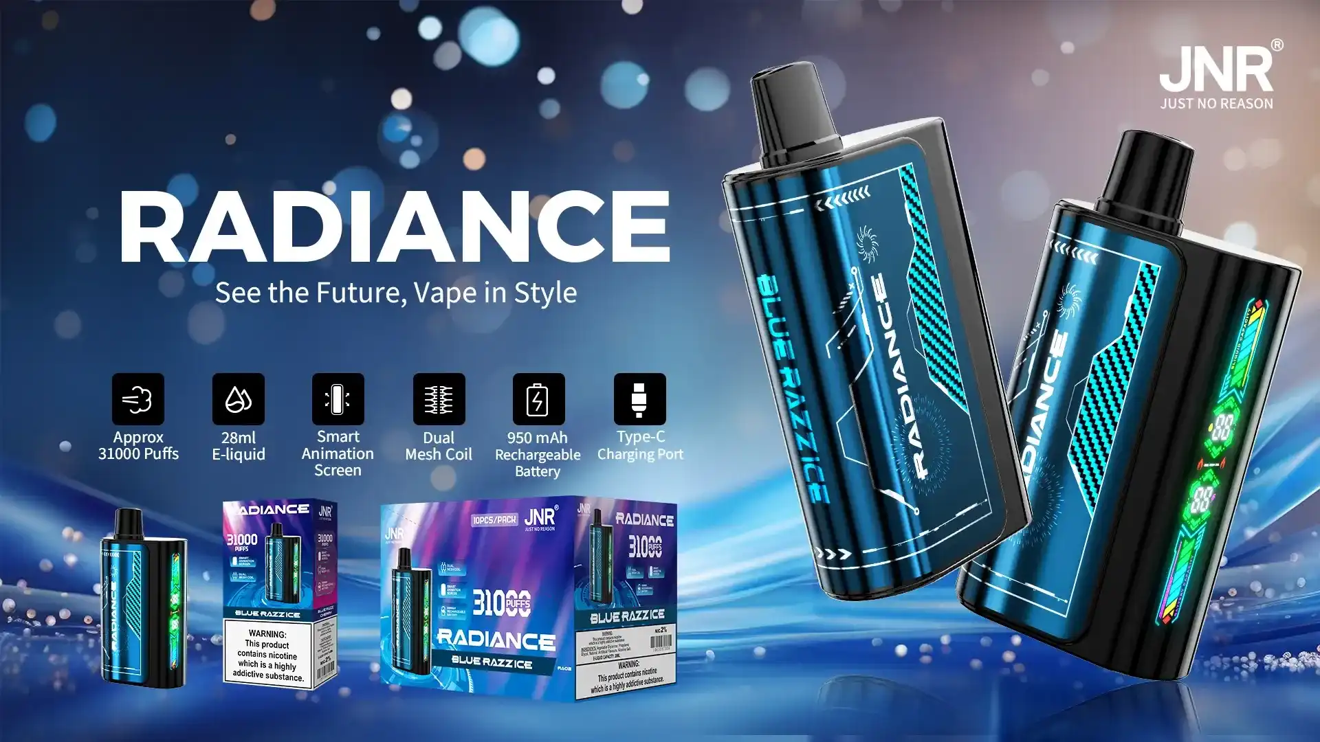 JNR Radiance 31K (31000) Puffs LED Display 0% 2% 5% Nicotine 28ml E-liquid 950mAh Rechargeable Battery Disposable Vape
