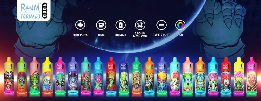 RandM Tornado 9K (9000) Puffs 850mAh Battery 18ml E-juice 2% 5% Nicotine RGB Light Disposable Vape