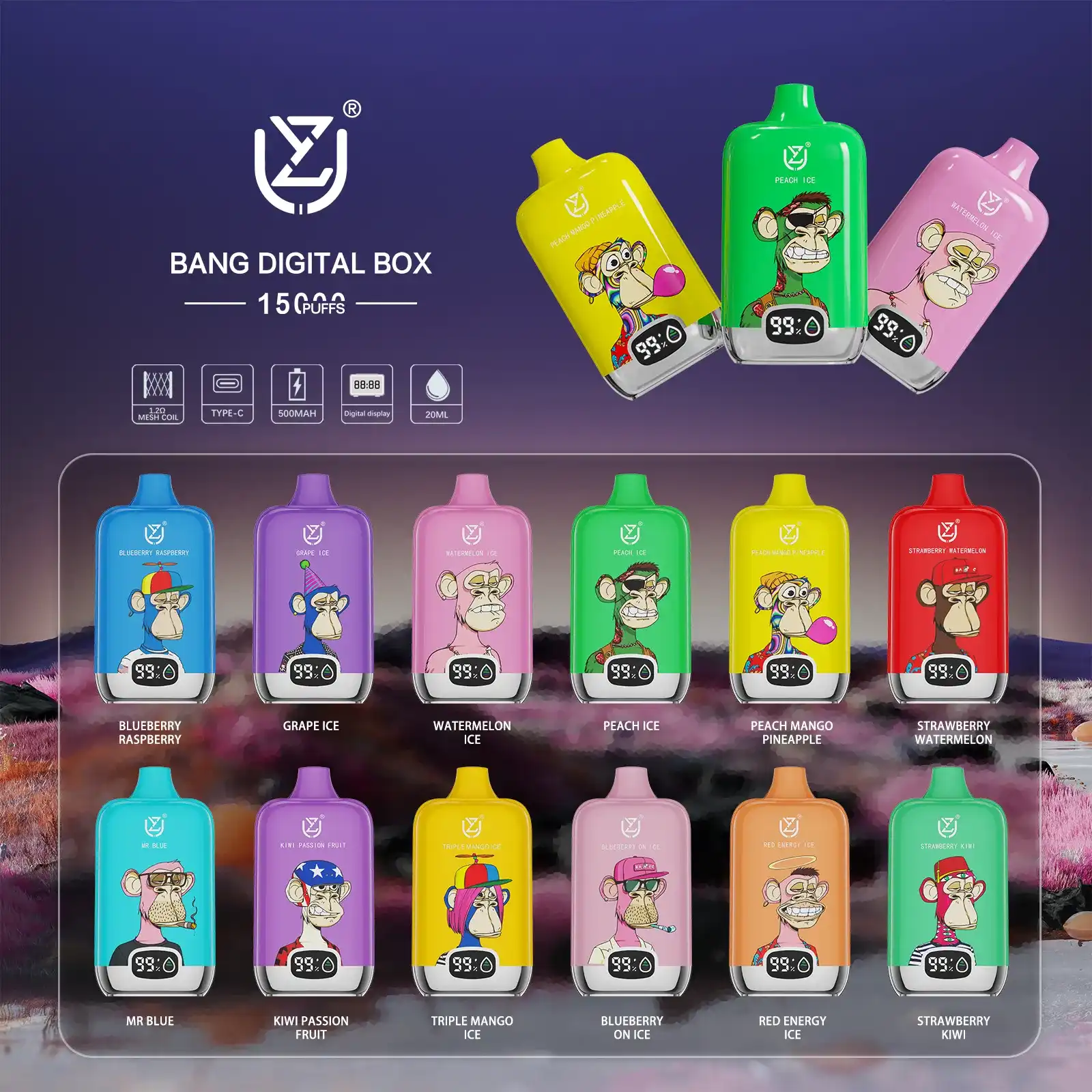 UZY Bang DIgital 15K (15000) Puffs 2% 5% Nicotine LCD Screen 20ml Pre-filled E-juice 850mAh Battery Disposable Vape