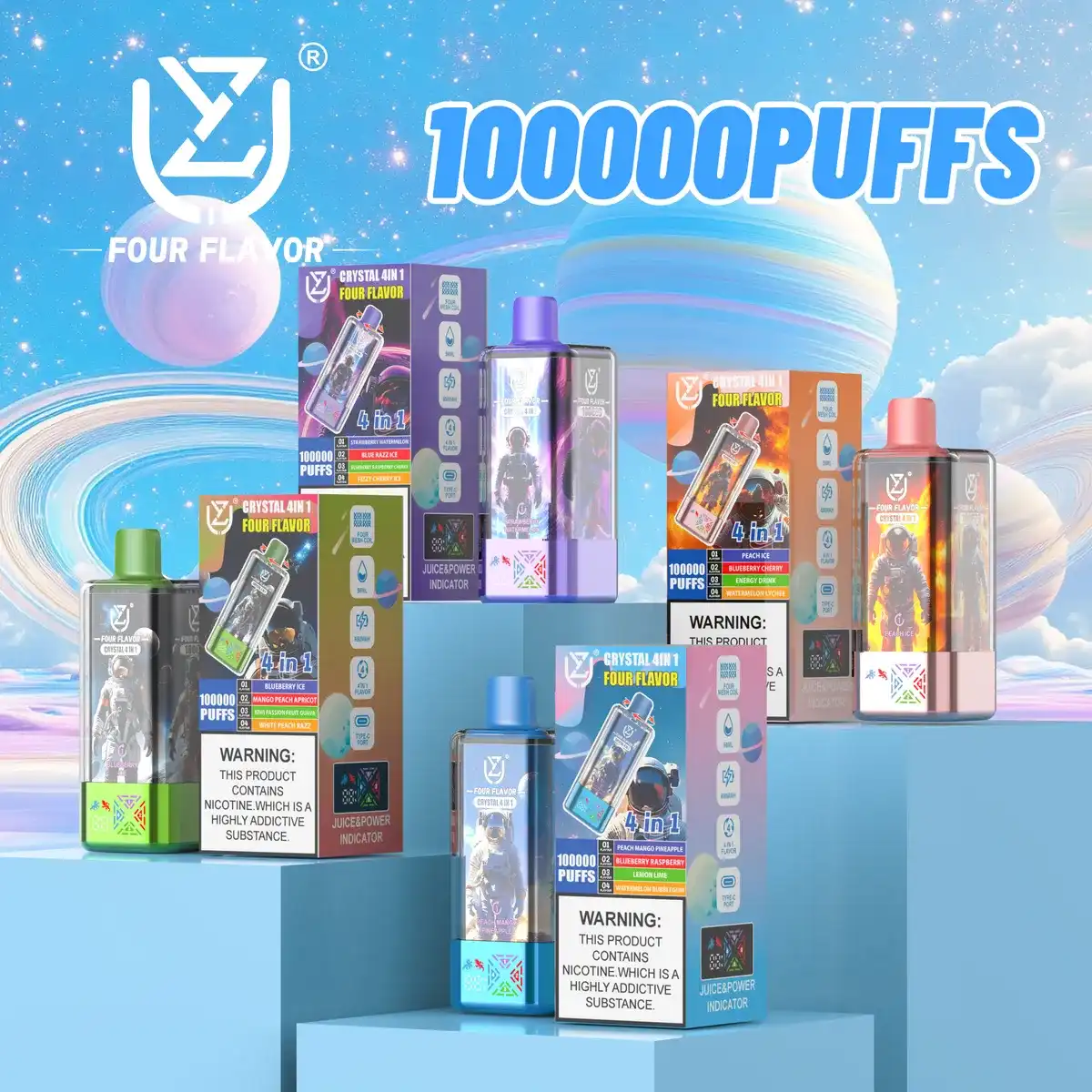 UZY Crystal 100k (100000) Puff (4in 1) Four Flavors 56ml E-Liquid 650mAh Battery Rechargeable 0% 2% 3% 5% Nicotine Disposable Vape
